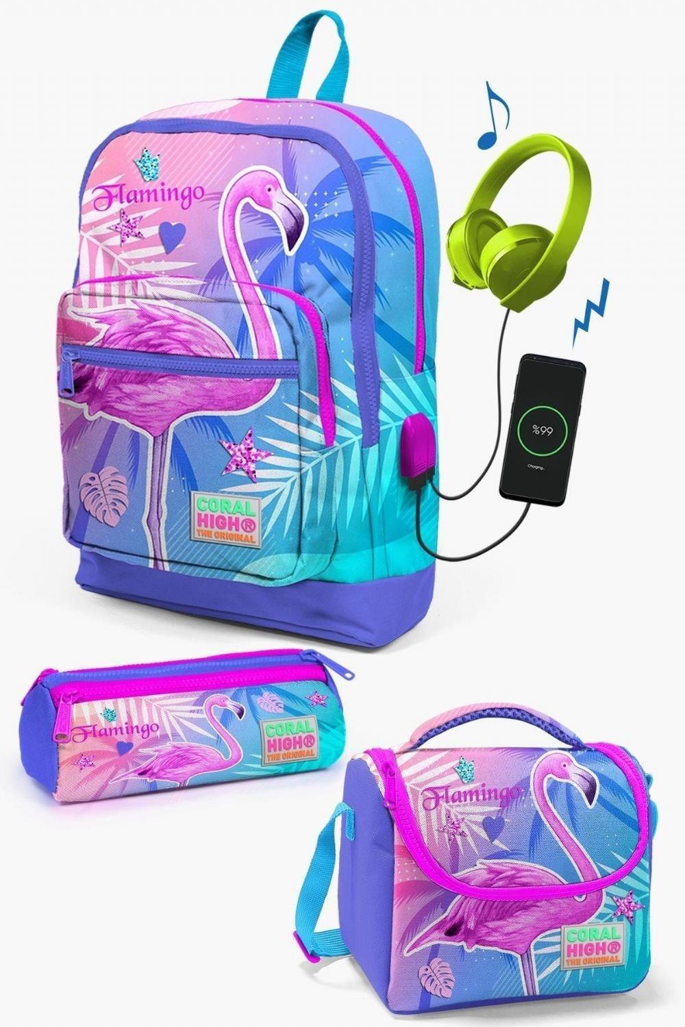 Coral High Kids Lavanta Pembe Flamingo Desenli USBli 3lü Okul Çanta Seti - Kız Çocuk