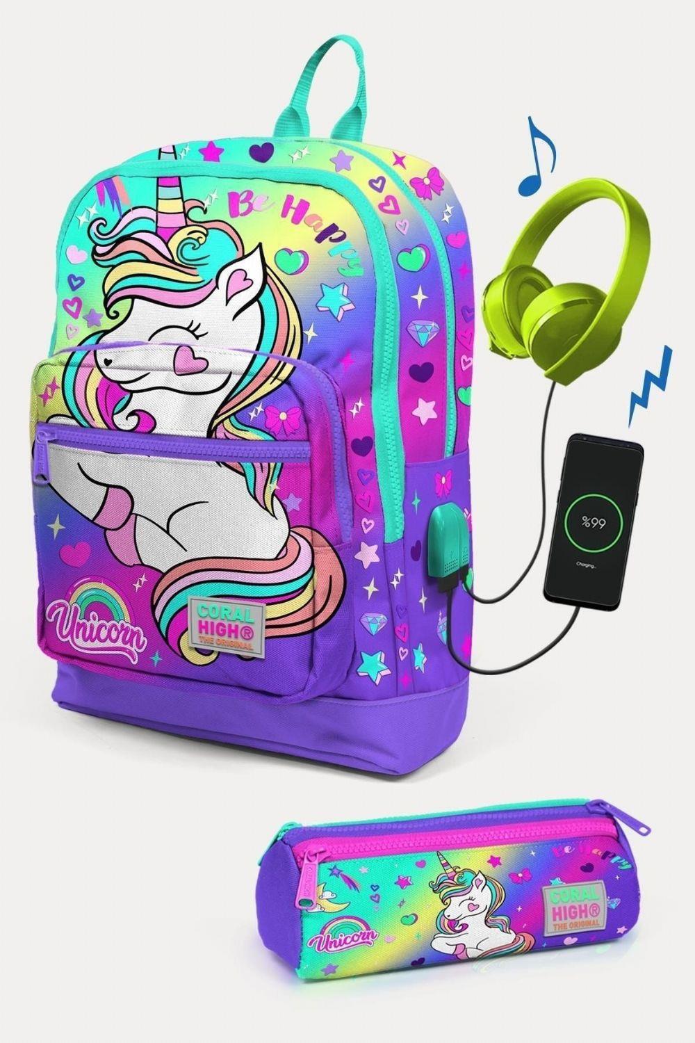 Coral High Kids Lavanta Su Yeşili Unicorn Desenli USBli 2li Kız Çocuk Okul Çanta Seti