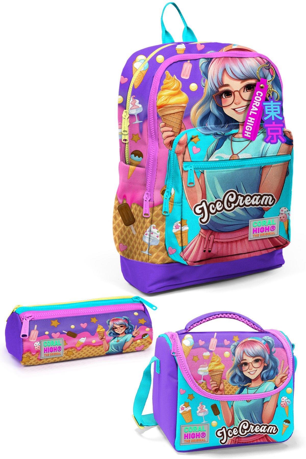 Coral High Kids Lila Turkuaz Dondurma ve Anime Desenli 3lü Okul Çanta Seti SET0123773 - Kız