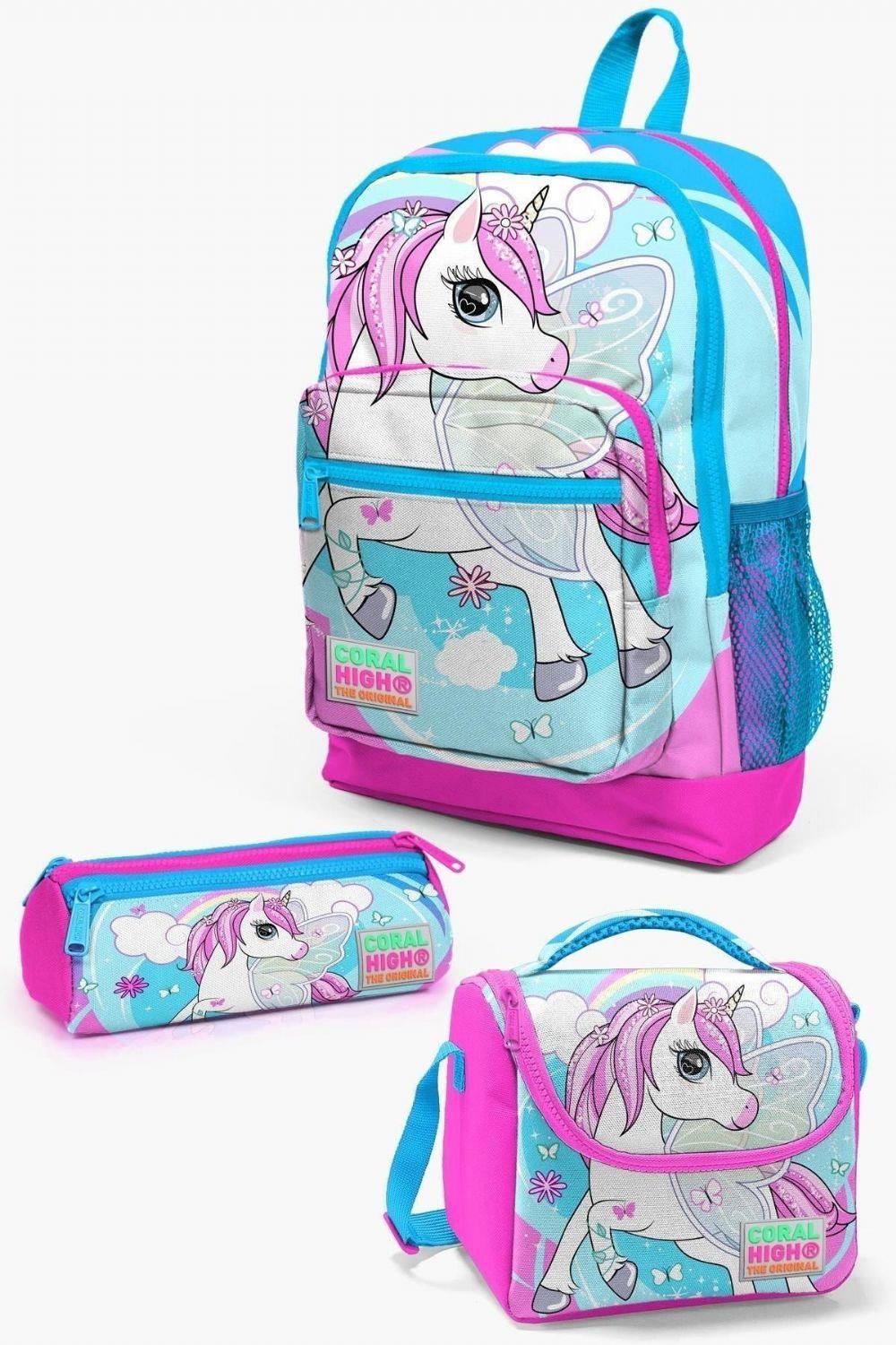 Coral High Kids Mavi Neon Pembe Unicorn Desenli 3lü Okul Çanta Seti - Kız Çocuk