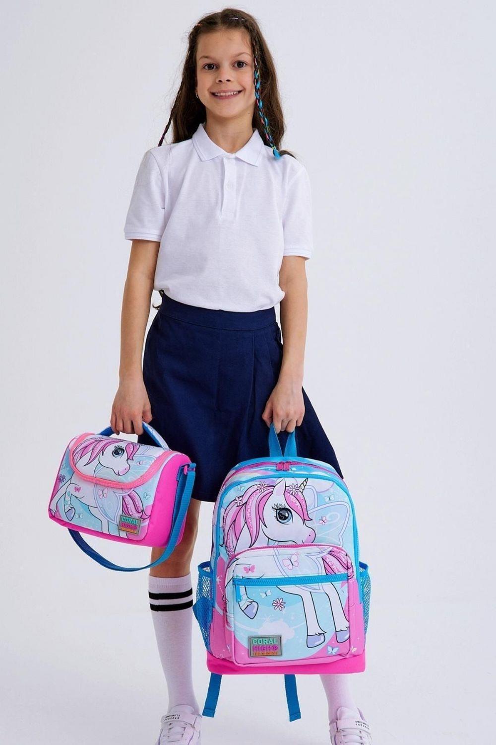 Coral High Kids Mavi Neon Pembe Unicorn Desenli 3lü Okul Çanta Seti - Kız Çocuk