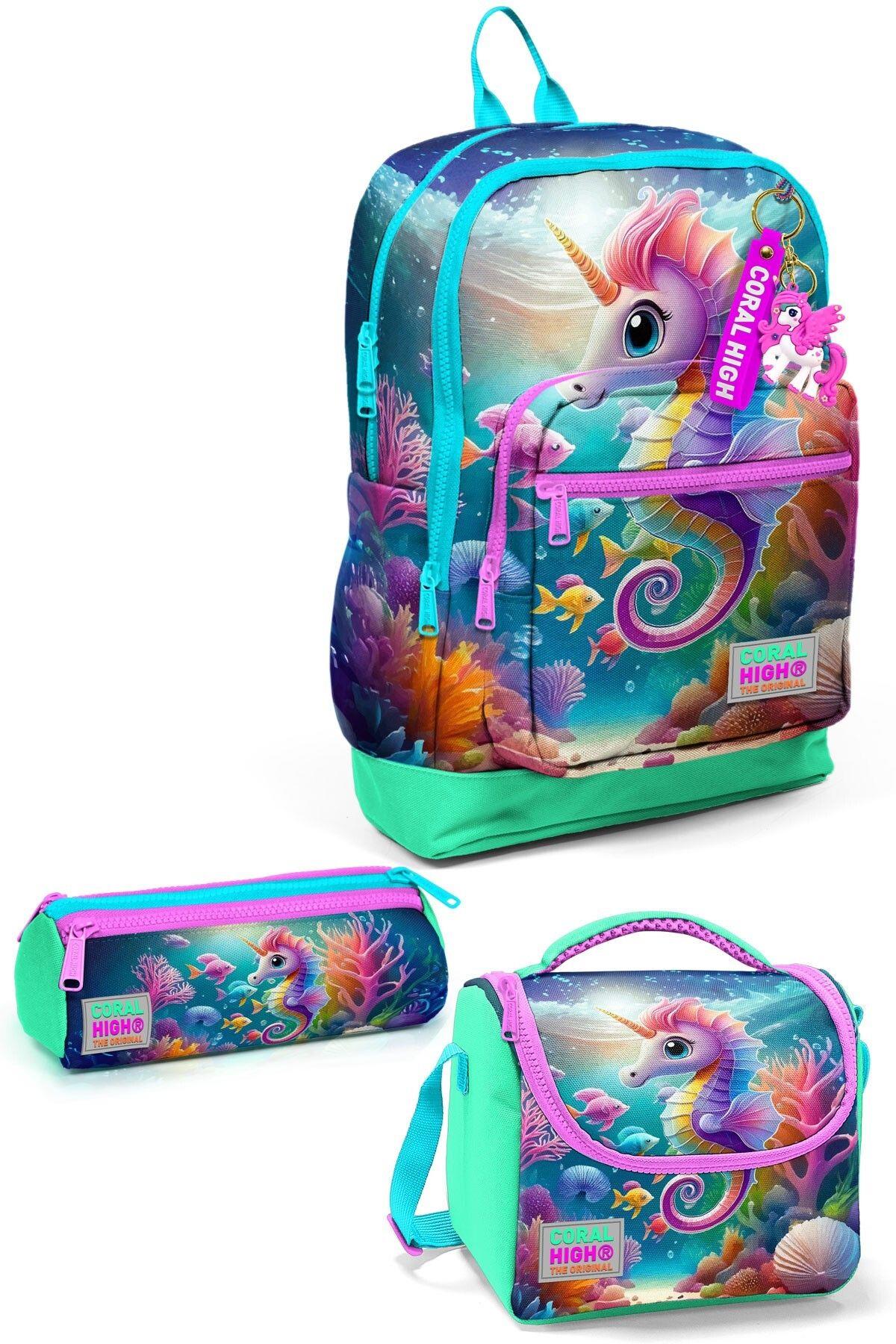Coral High Kids Mavi Su Yeşili Denizatı Desenli 3lü Okul Çanta Seti SET0123772 - Kız