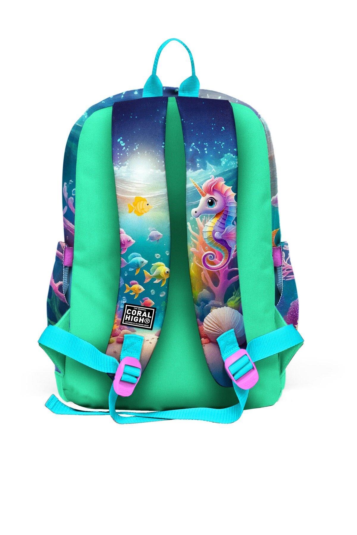 Coral High Kids Mavi Su Yeşili Denizatı Desenli 3lü Okul Çanta Seti SET0123772 - Kız