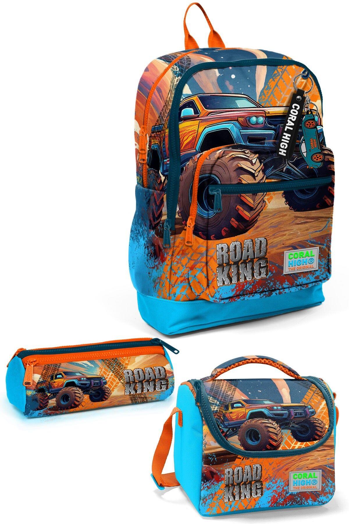 Coral High Kids Mavi Turuncu High Wheels Truck Desenli 3lü Okul Çanta Seti SET0123778 - Erkek