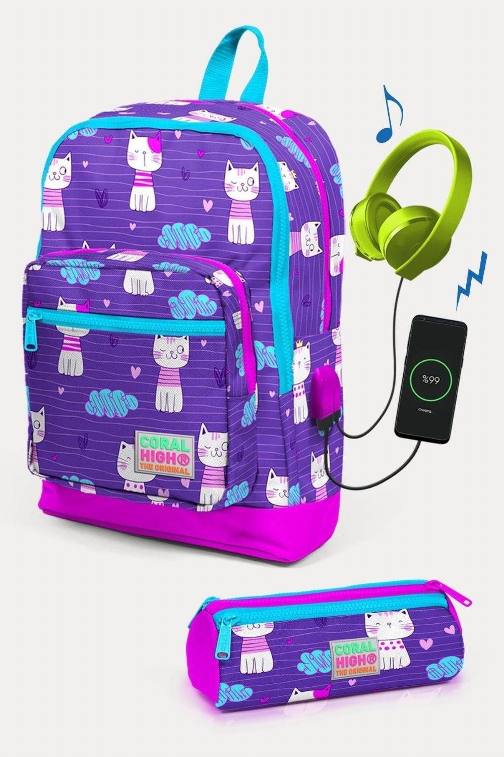 Coral High Kids Mor Pembe Kedi Desenli USBli 2li Okul Çanta Seti - Kız Çocuk