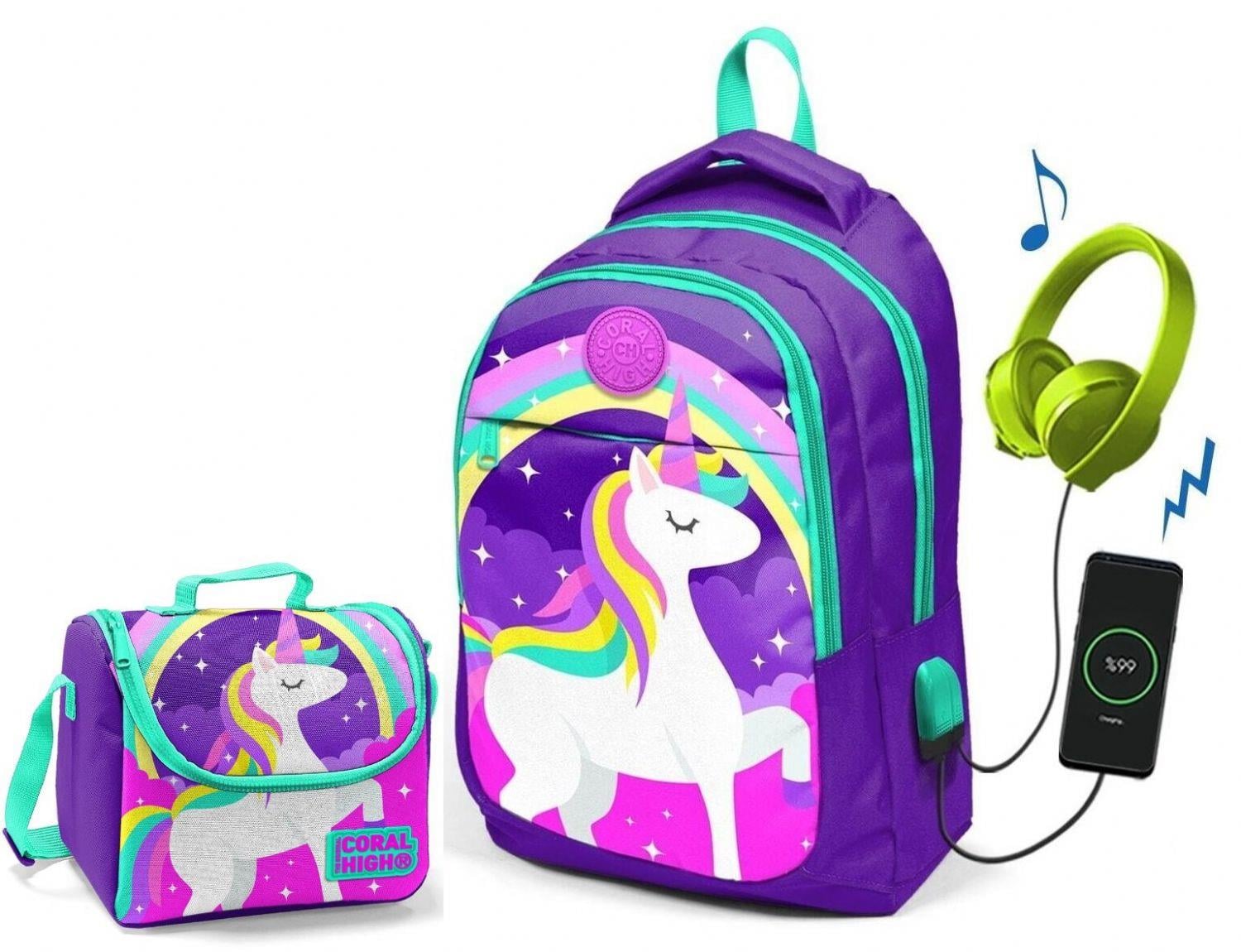Coral High Kids Mor Unicorn Okul ve Beslenme Çantası - Kız - USB Soketli