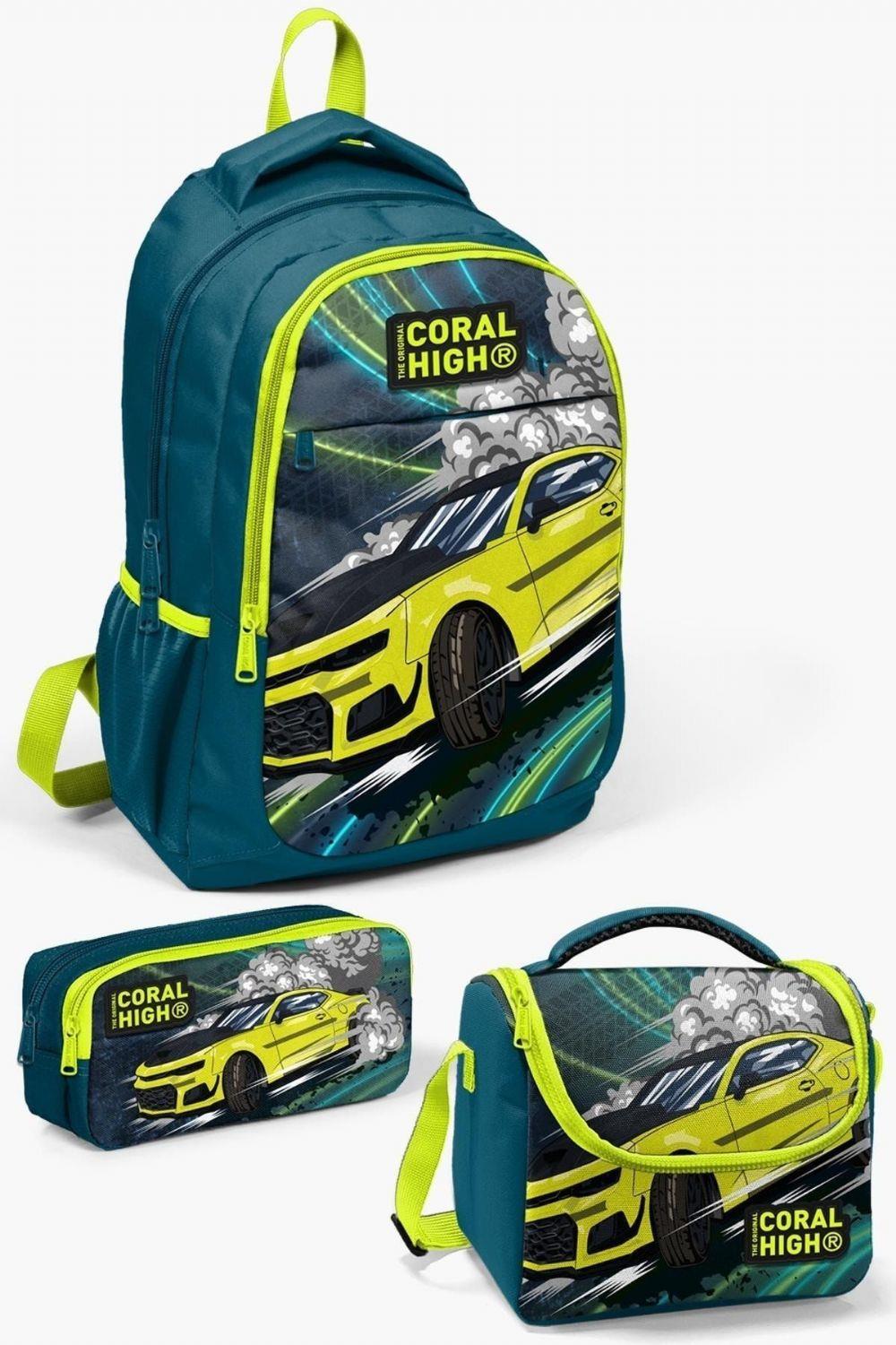 Coral High Kids Nefti Fosforlu Sarı Araba Desenli 3lü Okul Çanta Seti - Erkek Çocuk
