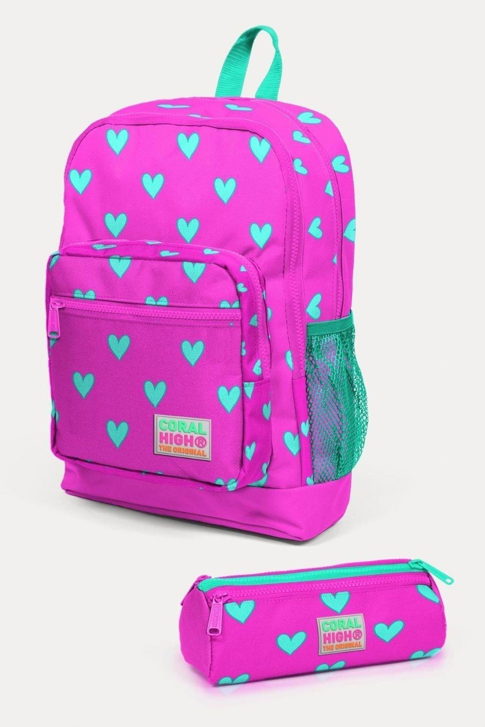 Coral High Kids Neon Pembe Su Yeşili Kalp Desenli 2li Okul Çanta Seti - Kız Çocuk