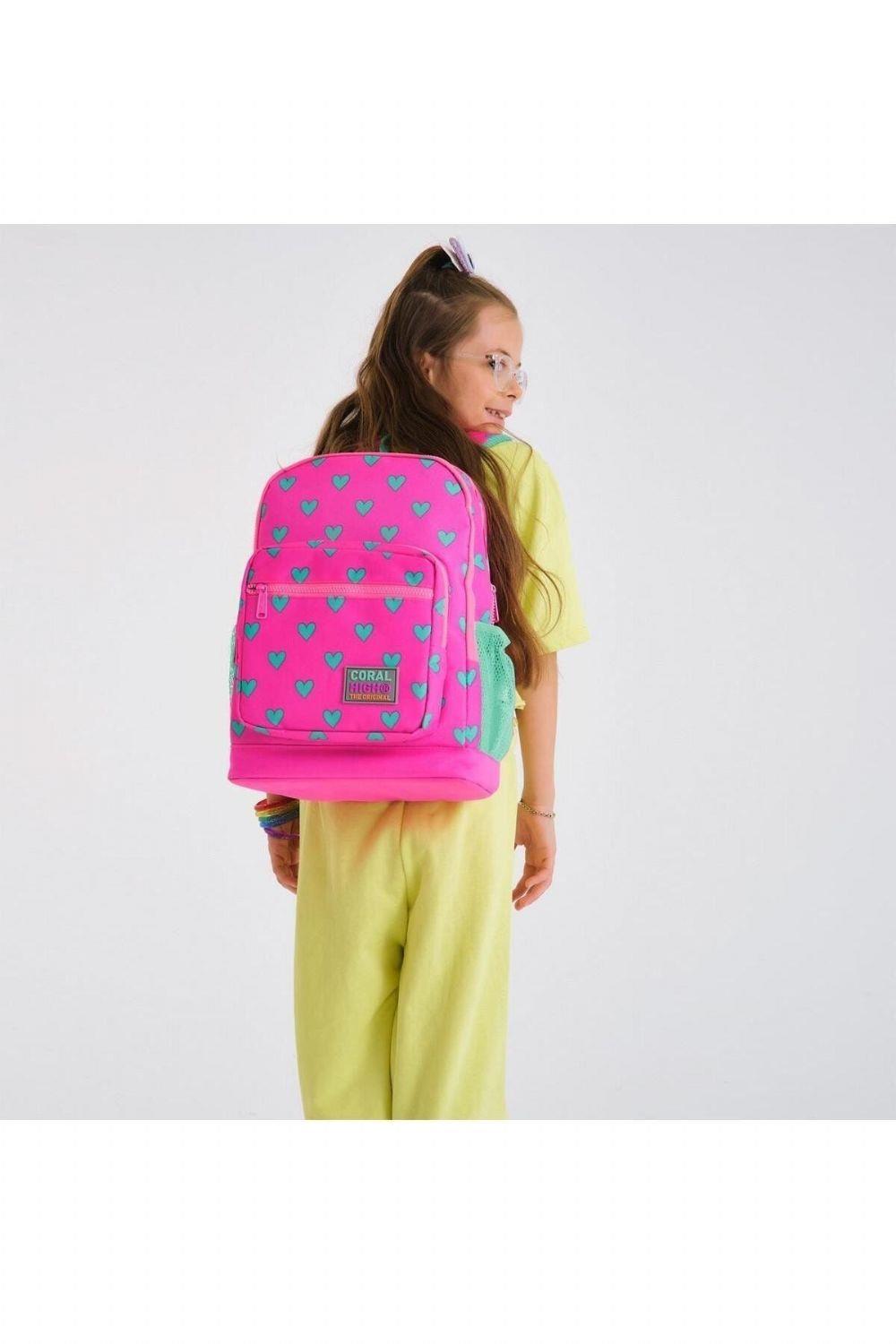 Coral High Kids Neon Pembe Su Yeşili Kalp Desenli 2li Okul Çanta Seti - Kız Çocuk