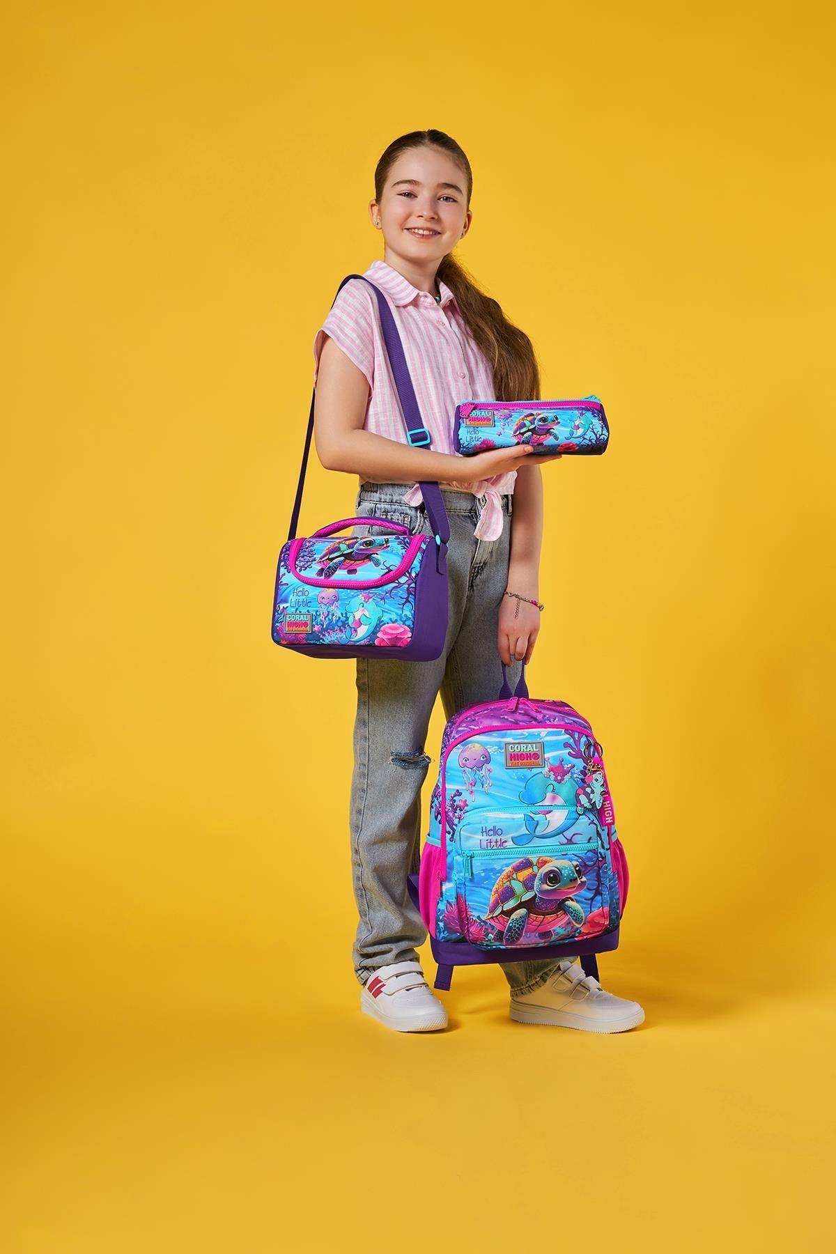 Coral High Kids Pembe Mor Kaplumbağa Desenli 3lü Okul Çanta Seti SET0123756