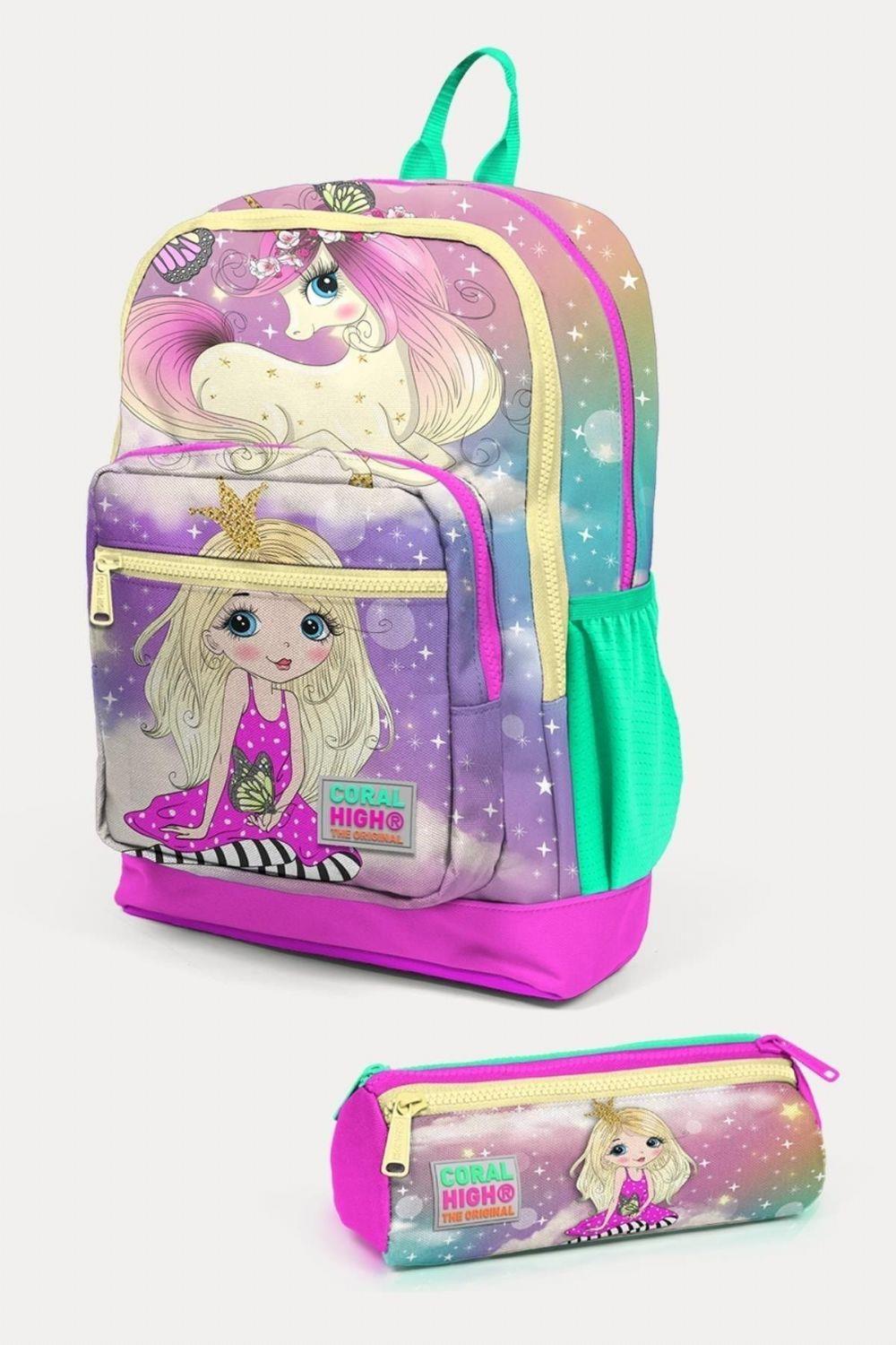 Coral High Kids Pembe Su Yeşili Unicornlu Kız Desenli 2li Okul Çanta Seti - Kız Çocuk
