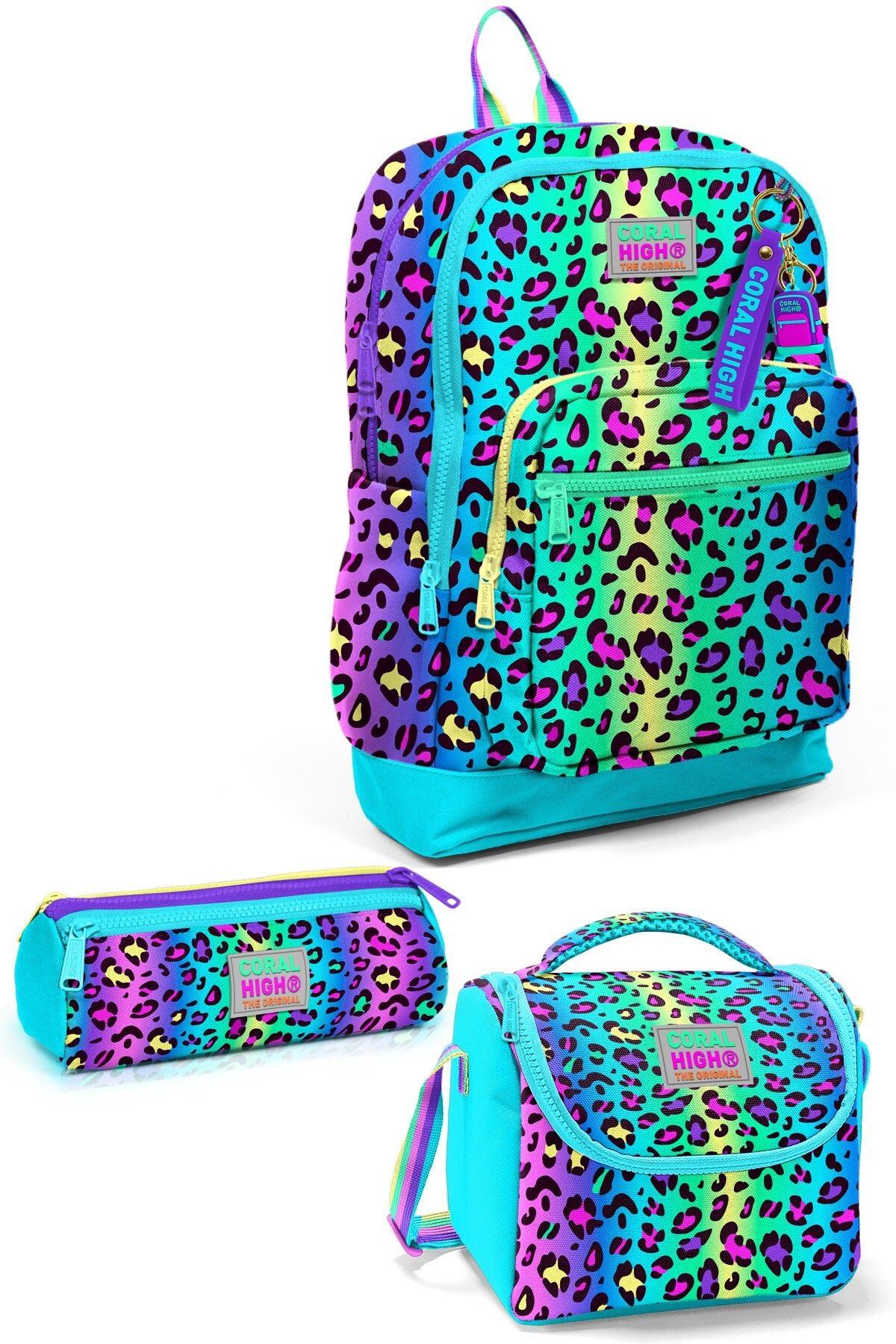 Coral High Kids Renkli Leopar Desenli 3lü Okul Çanta Seti SET0123769 - Kız
