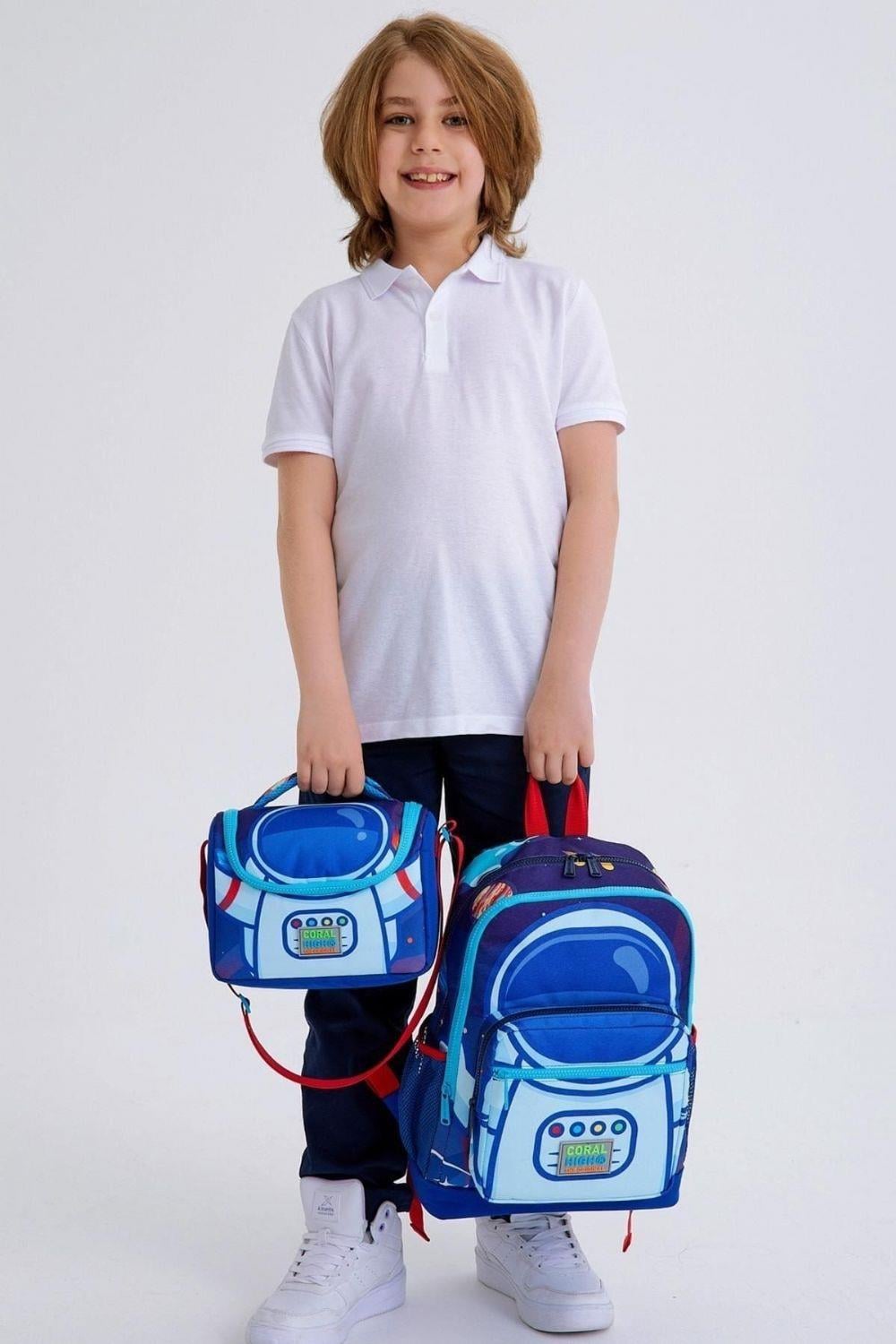 Coral High Kids Saks Mavi Astronot Desenli 3lü Okul Çanta Seti - Erkek Çocuk