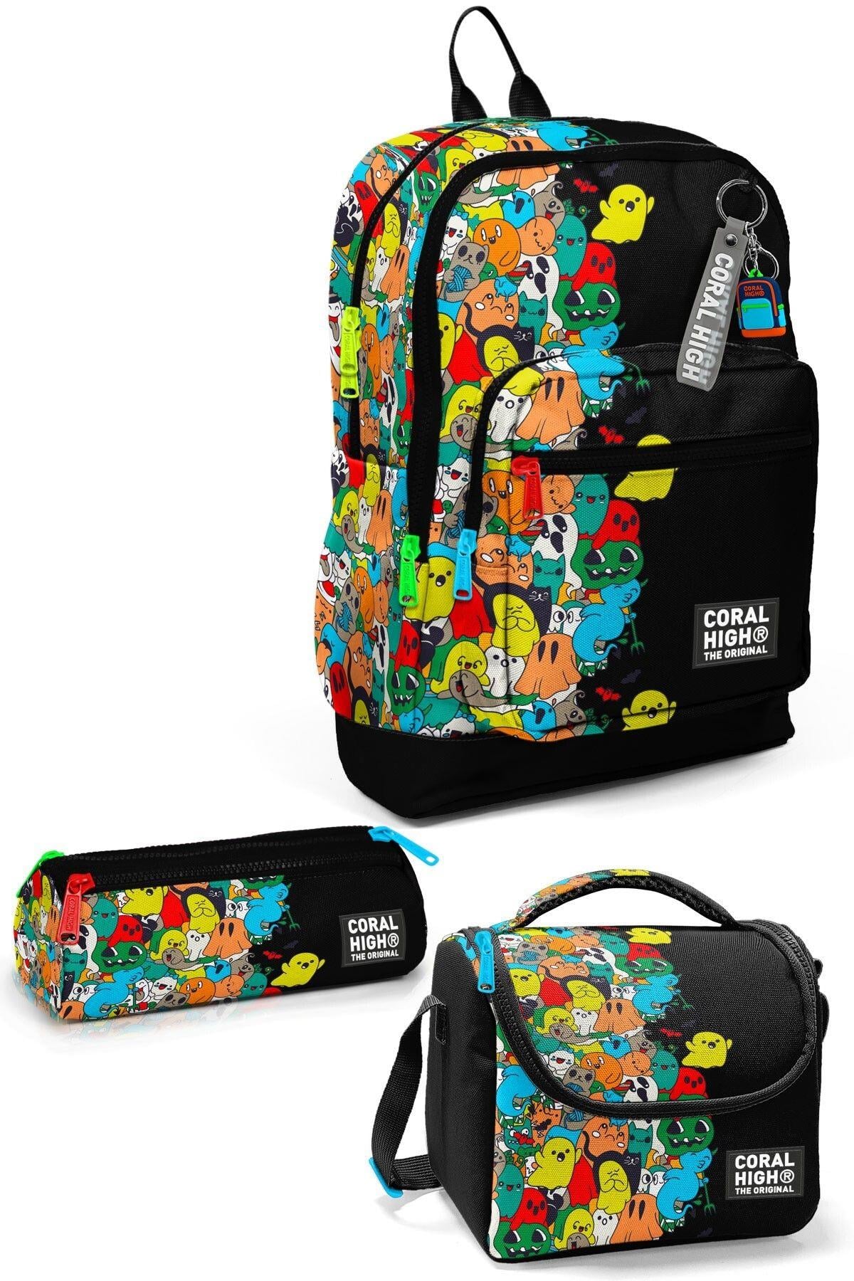 Coral High Kids Siyah Karikatür Desenli 3lü Okul Çanta Seti SET0123774 - Erkek