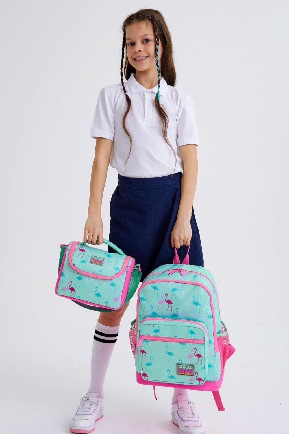 Coral High Kids Su Yeşili Neon Pembe Flamingo Desenli 3lü Okul Çanta Seti