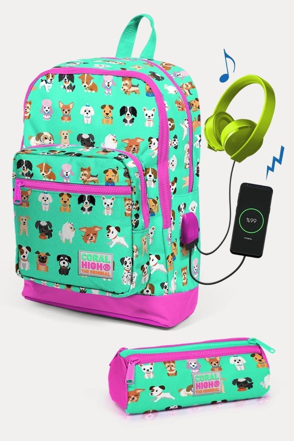 Coral High Kids Su Yeşili Neon Pembe Köpek Desenli USBli 2li Okul Çanta Seti - Kız Çocuk