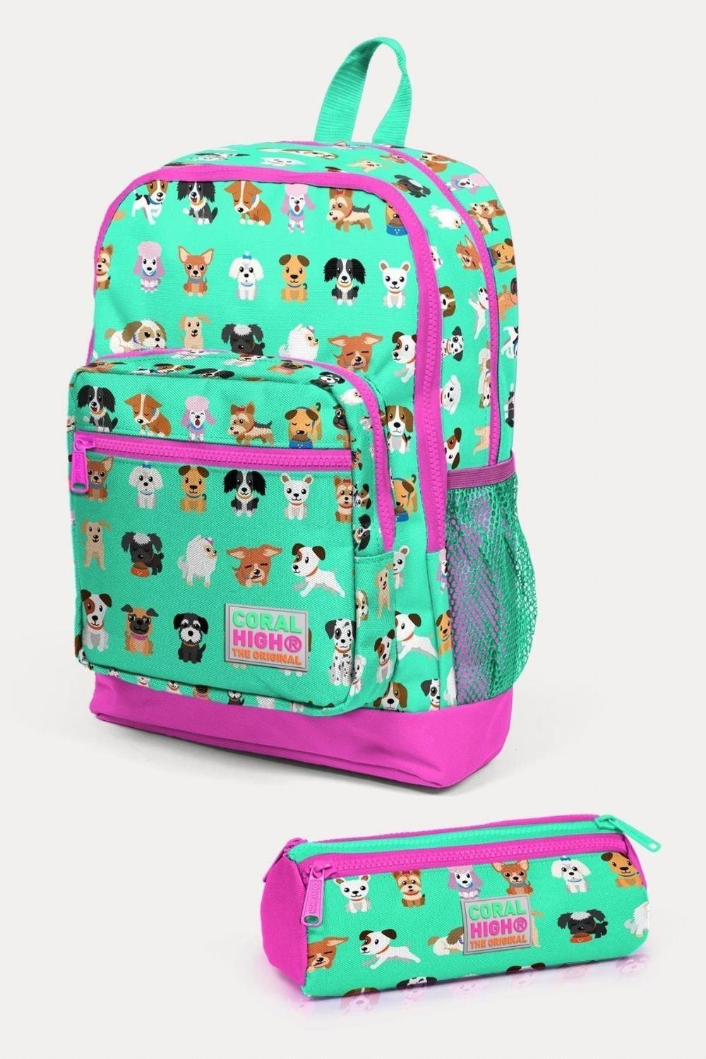 Coral High Kids Su Yeşili Neon Pembe Köpek Desenli 2li Okul Çanta Seti - Kız Çocuk