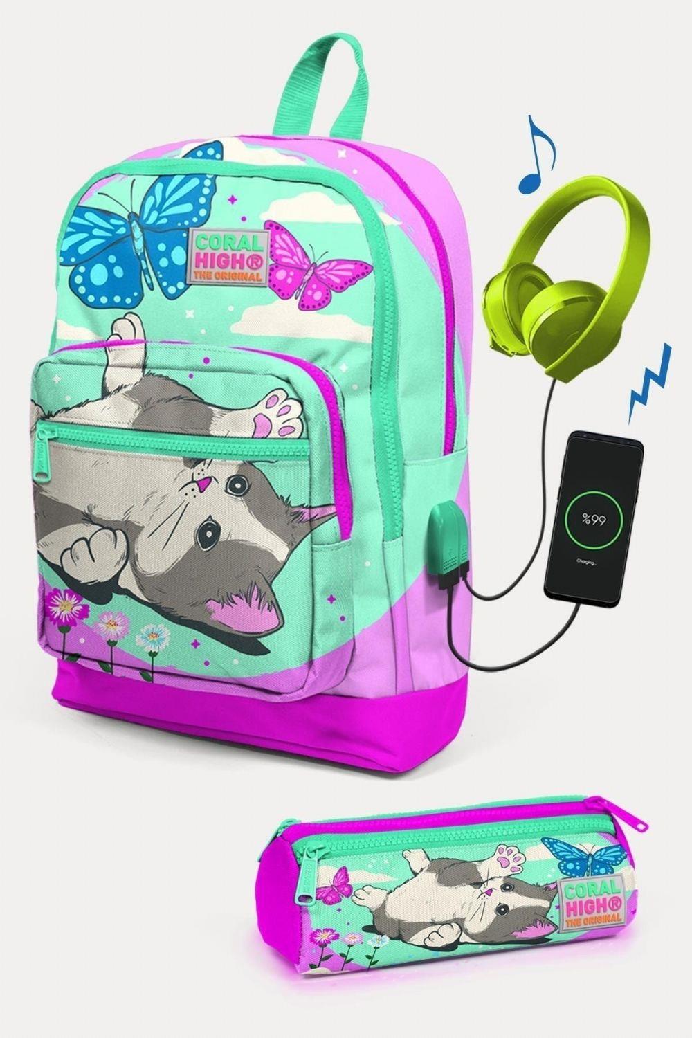 Coral High Kids Su Yeşili Pembe Kedi Desenli USBli 2li Okul Çanta Seti - Kız Çocuk
