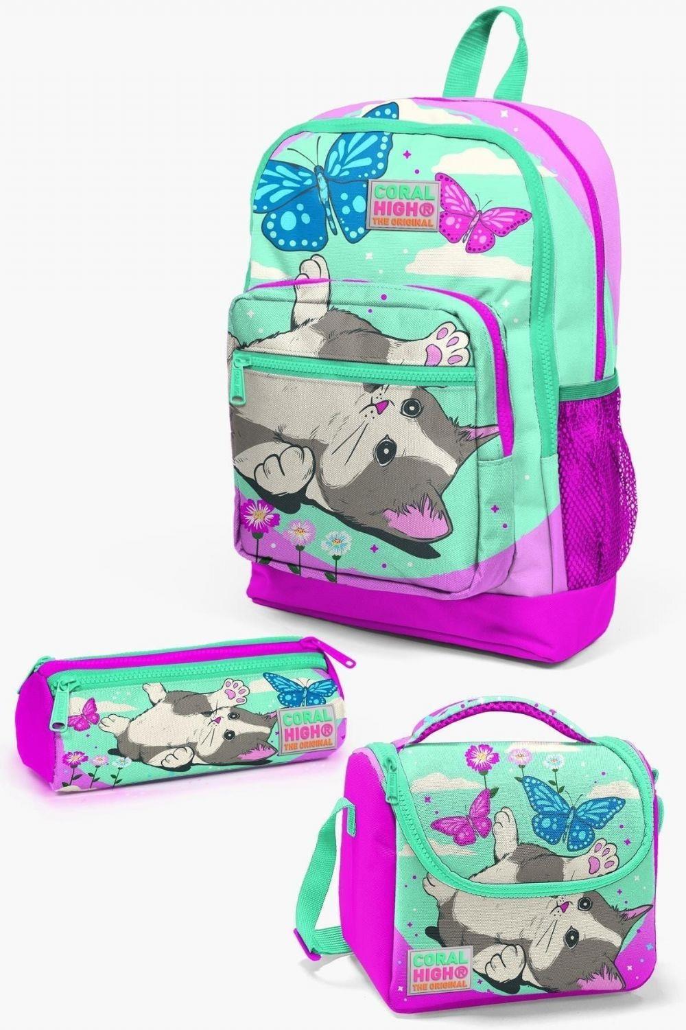 Coral High Kids Su Yeşili Pembe Kedi Desenli 3lü Okul Çanta Seti - Kız