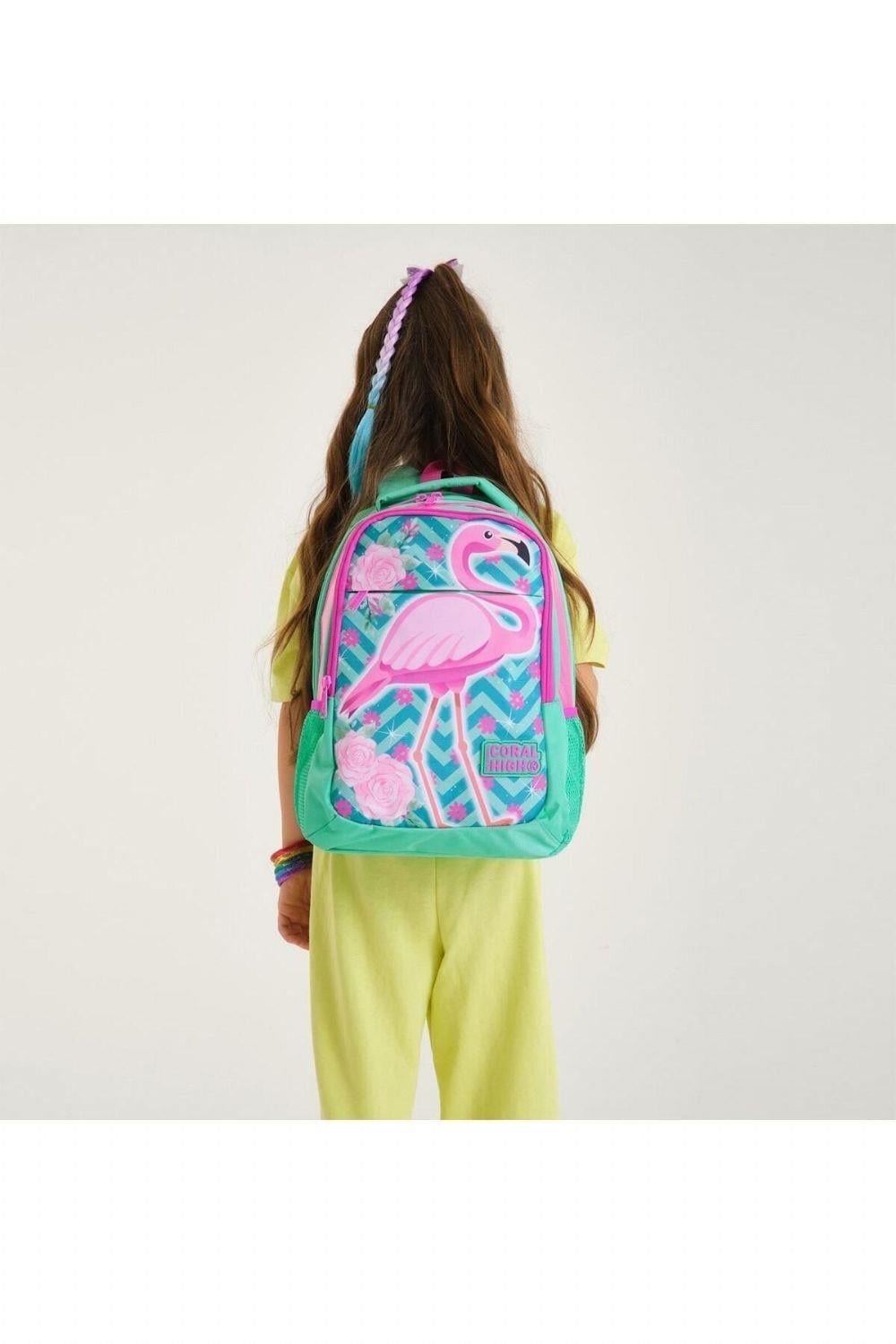 Coral High Kids Su Yeşili Pembe Simli Flamingo Desenli 2li Okul Çanta Seti - Kız Çocuk