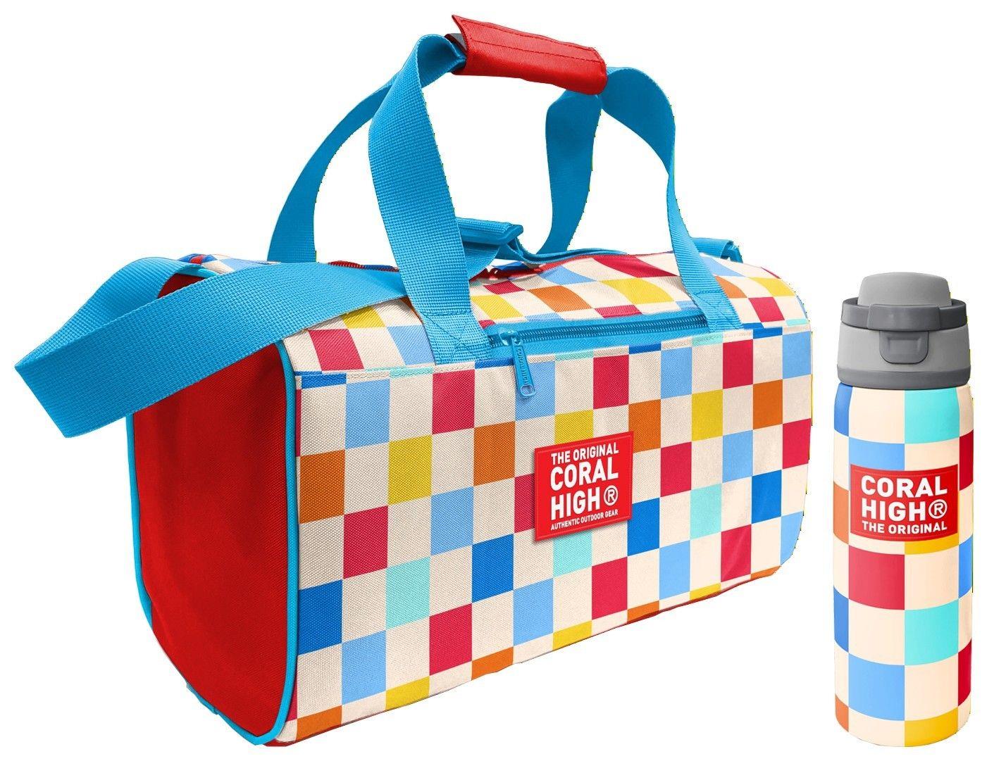 Coral High Kırmızı Çok Renkli Dama Desenli Kız Çocuk Spor Çantası ve 800 ml Çelik Matara Seti 27546