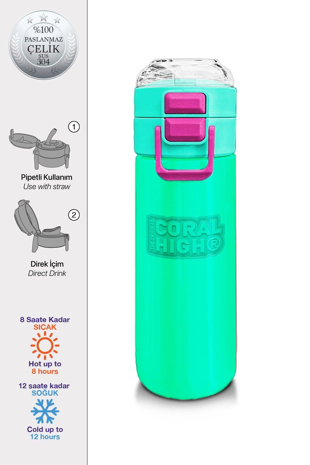 Coral High Kız Çocuk 500 ml Okul ve Günlük Paslanmaz Çelik Termos - Pembe Su Yeşili  - Sızdırmaz 31825