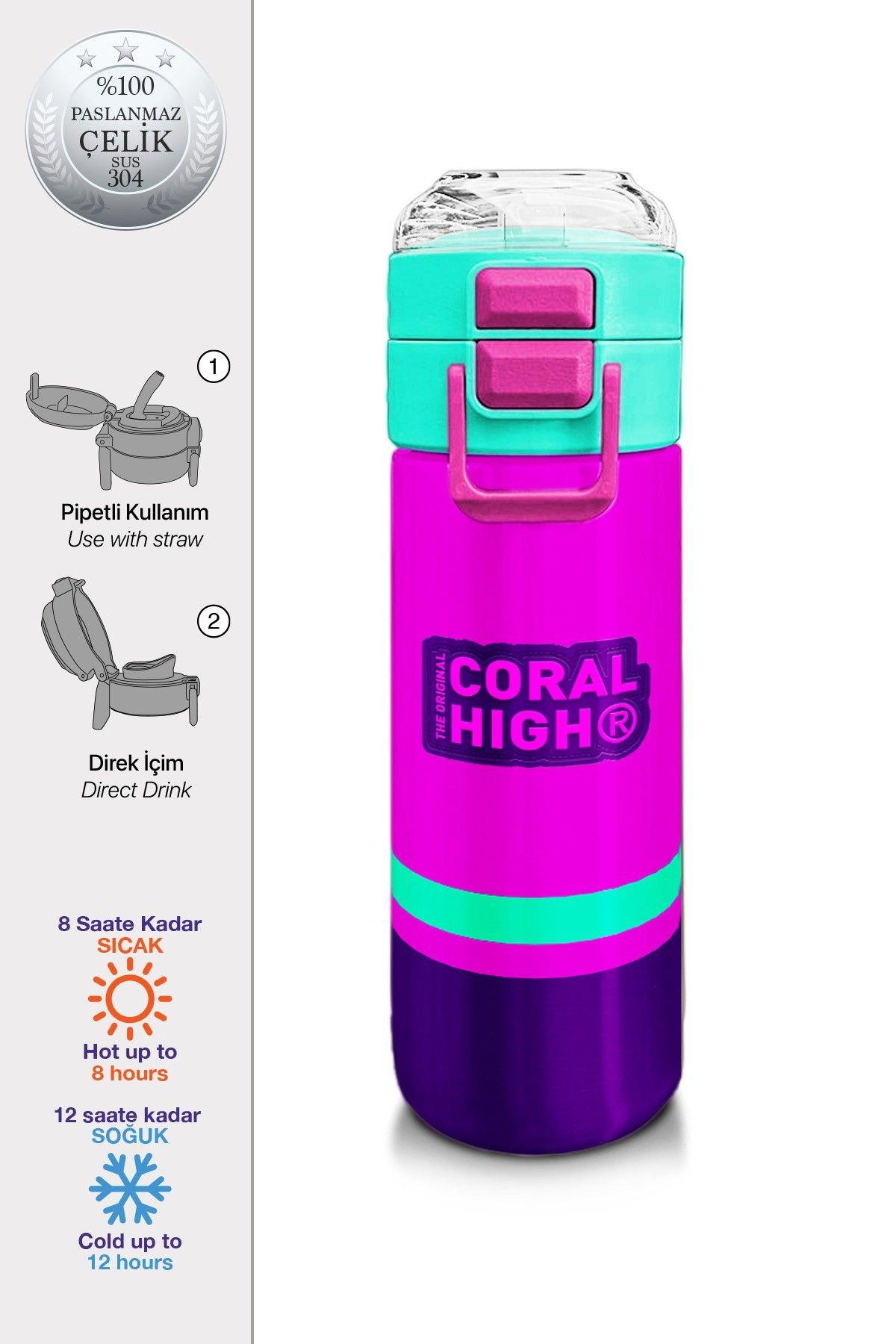 Coral High Kız Çocuk 500 ml Okul ve Günlük Paslanmaz Çelik Termos - Pembe Mor Su Yeşili  - Sızdırmaz 31829