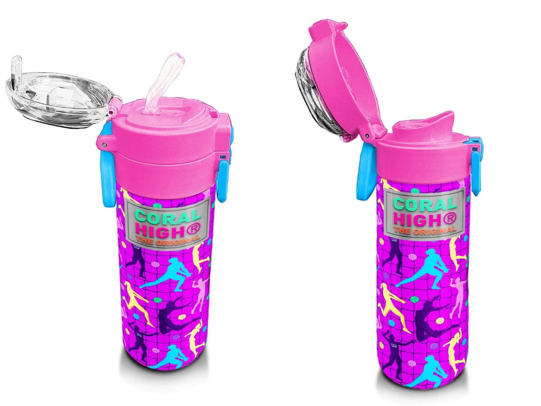 Coral High Kız Çocuk 500 ml Okul ve Günlük Paslanmaz Çelik Termos - Pembe Mor Voleybol Desenli - Sızdırmaz 31962