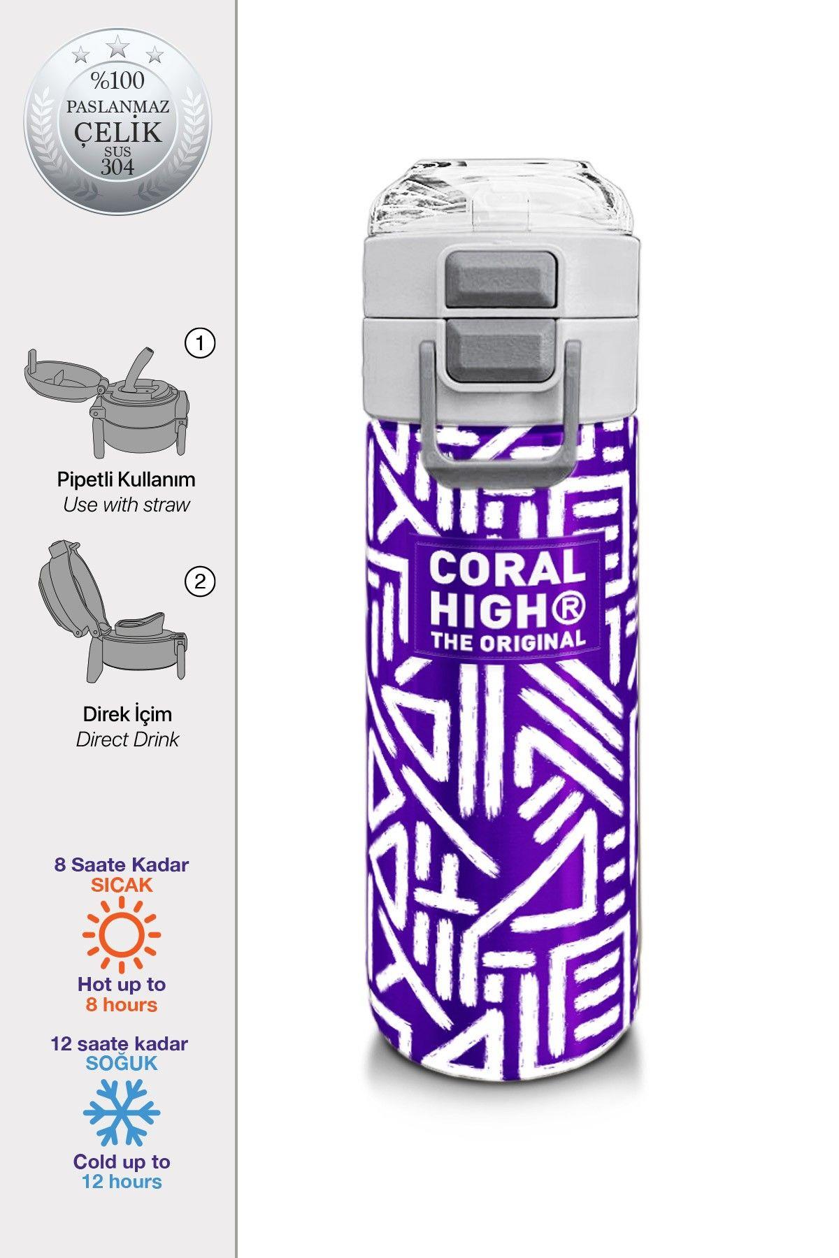 Coral High Kız Çocuk İçin 500 mllik Paslanmaz Çelik Termos/Suluk - Mor Beyaz Geometrik Desenli 31883