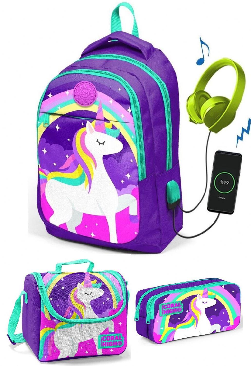 Coral High Kız Çocuk Mor Unicorn 3lü Çanta Takımı - USB Soketli