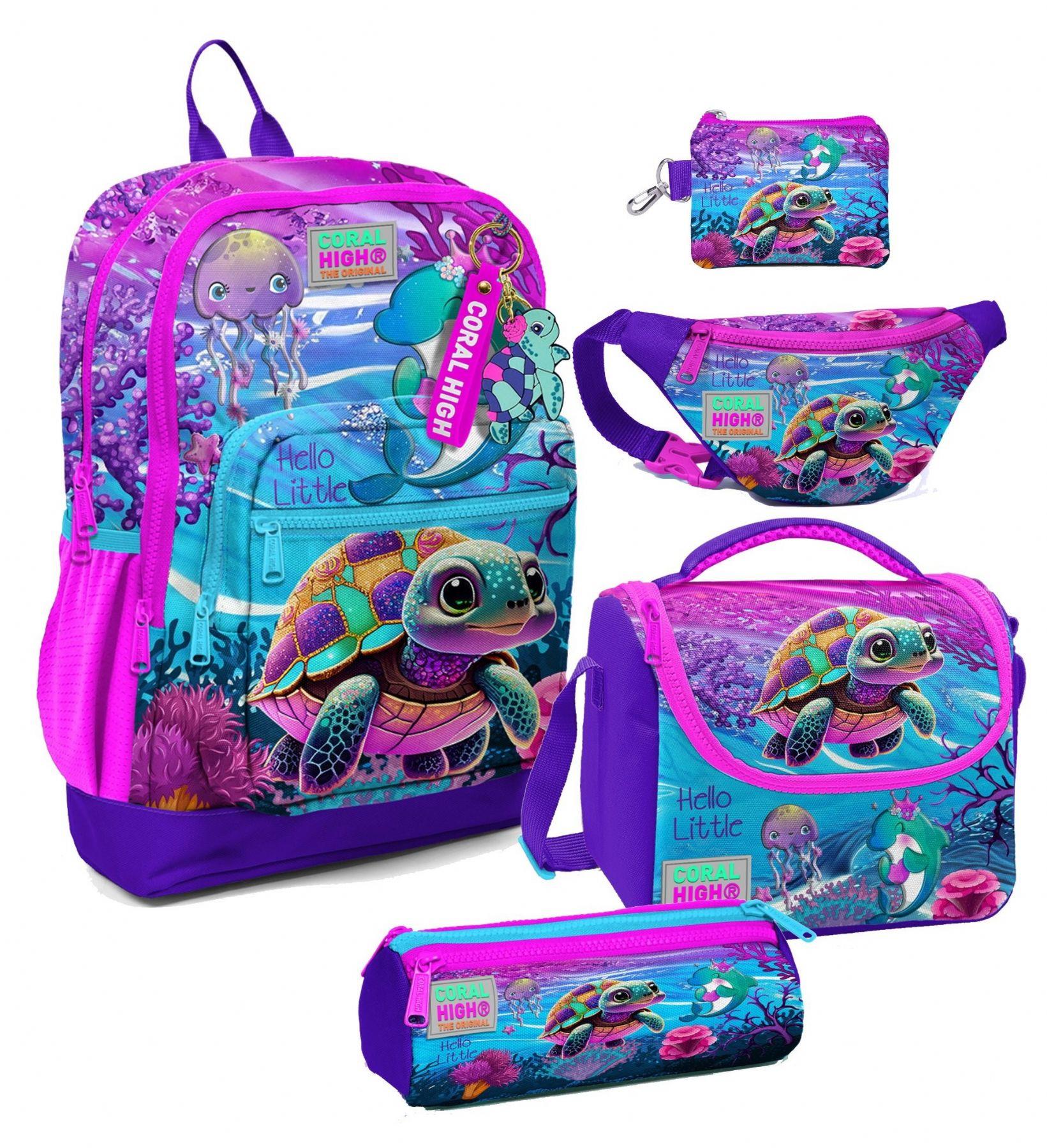 Coral High Kız Çocuk Pembe Mor Kaplumbağa Desenli Beşli İlkokul Okul Çanta Seti