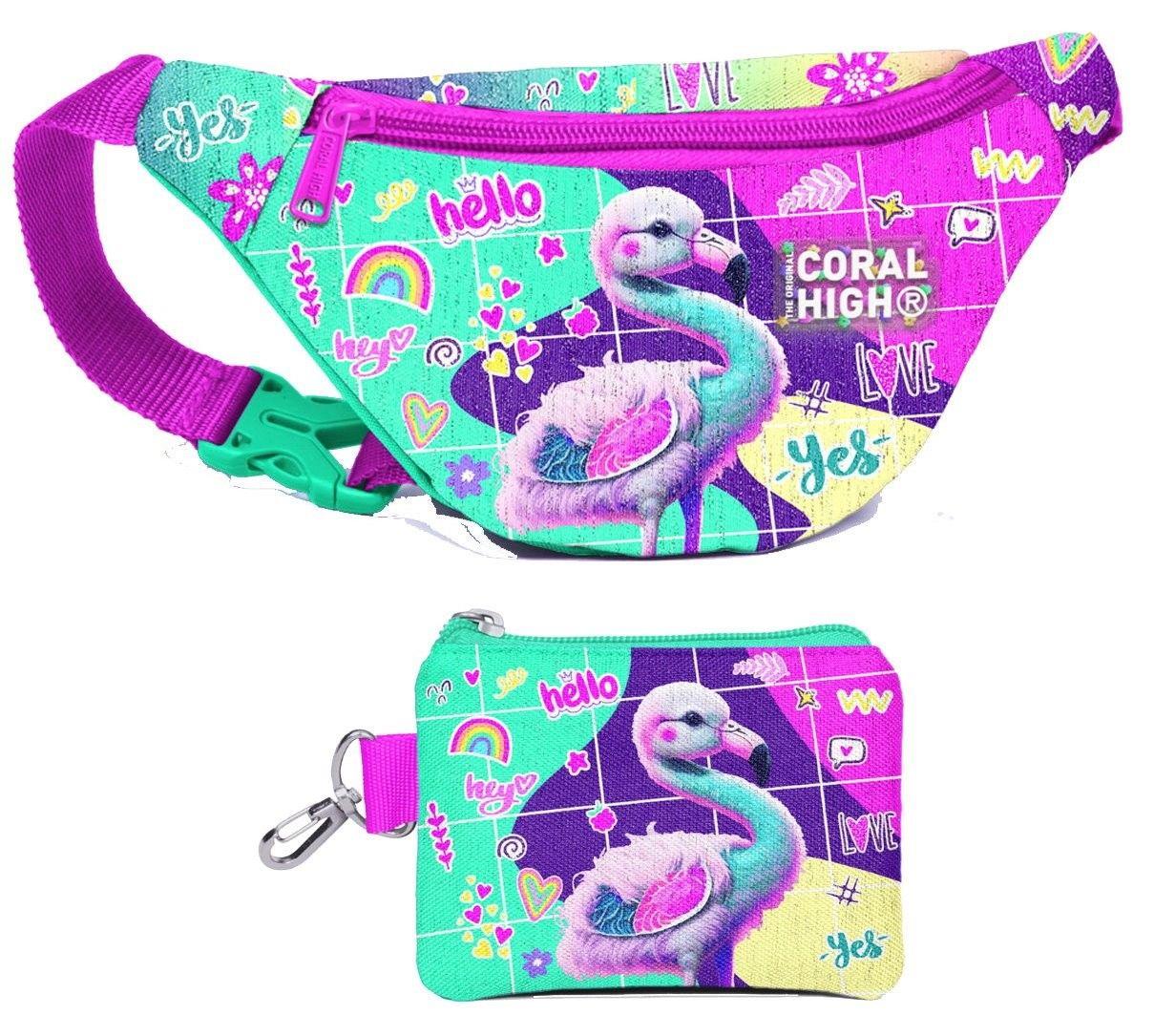 Coral High Kız Çocuk Pembe Su Yeşili Flamingo Desenli Bel Çantası ve Bozuk Para Cüzdanı Set