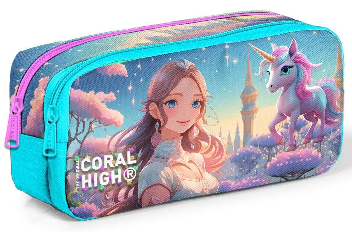 Coral High Kız Çocuk Turkuaz Prenses ve Unicorn Baskılı Okul Kalem Çantası - İki Gözlü 12094