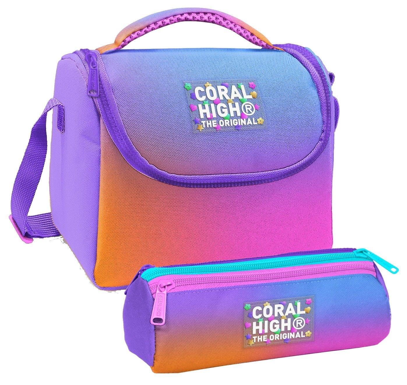 Coral High Kız Çocuk Turuncu Mor Renk Geçişli Thermo Beslenme Çantası ve Üç Bölmeli Kalemlik Seti