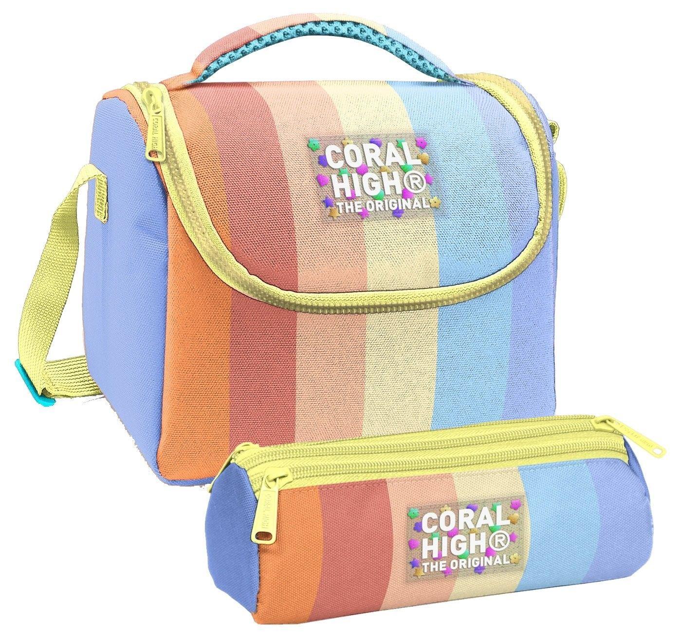 Coral High Kız Çocuk Turuncu Sarı Mavi Renkli Çizgili Thermo Beslenme Çantası ve Üç Bölmeli Kalemlik Seti