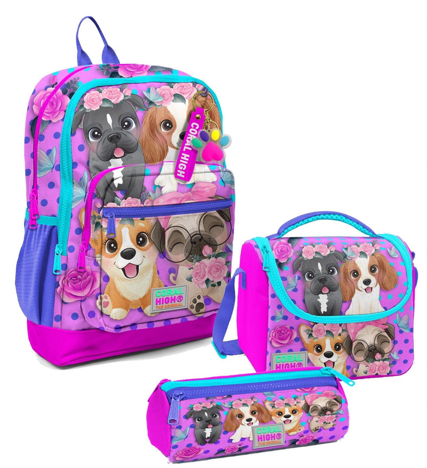 Coral High Kız Çocuk Üçlü İlkokul Okul Çanta Seti - Pembe Köpek