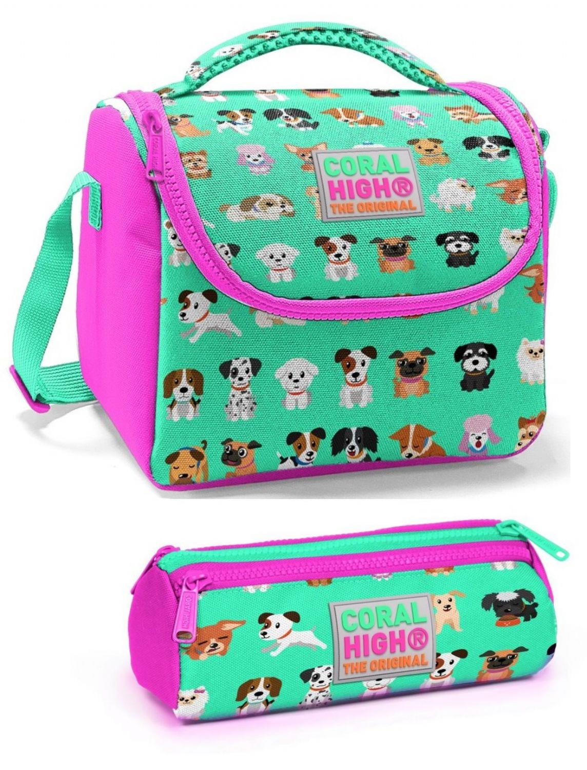 Coral High Kız Pembe Yeşil Köpekler Beslenme Çantası Seti