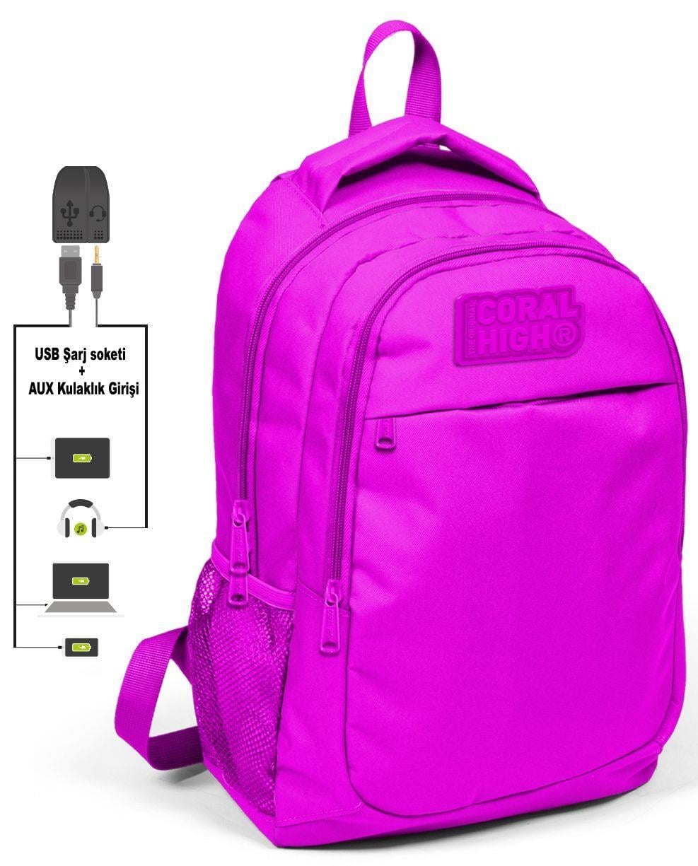 Coral High Koyu Pembe Okul ve Beslenme Çantası - Kız Çocuk  - USB Soketli