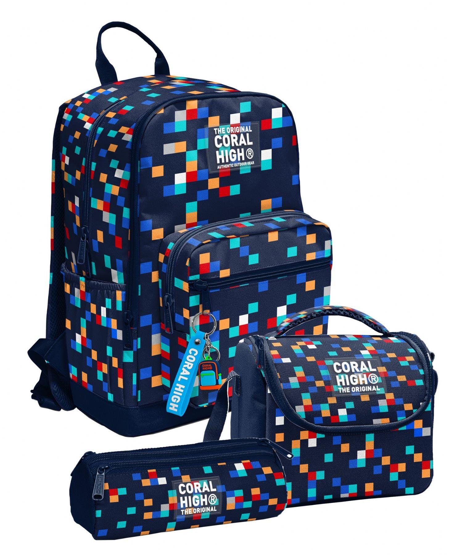 Coral High Lacivert Çok Renli Geometrik Desenler Erkek Çocuk İlkokul ve Ortaokul Üçlü Okul Çanta Seti SETYGN33235A