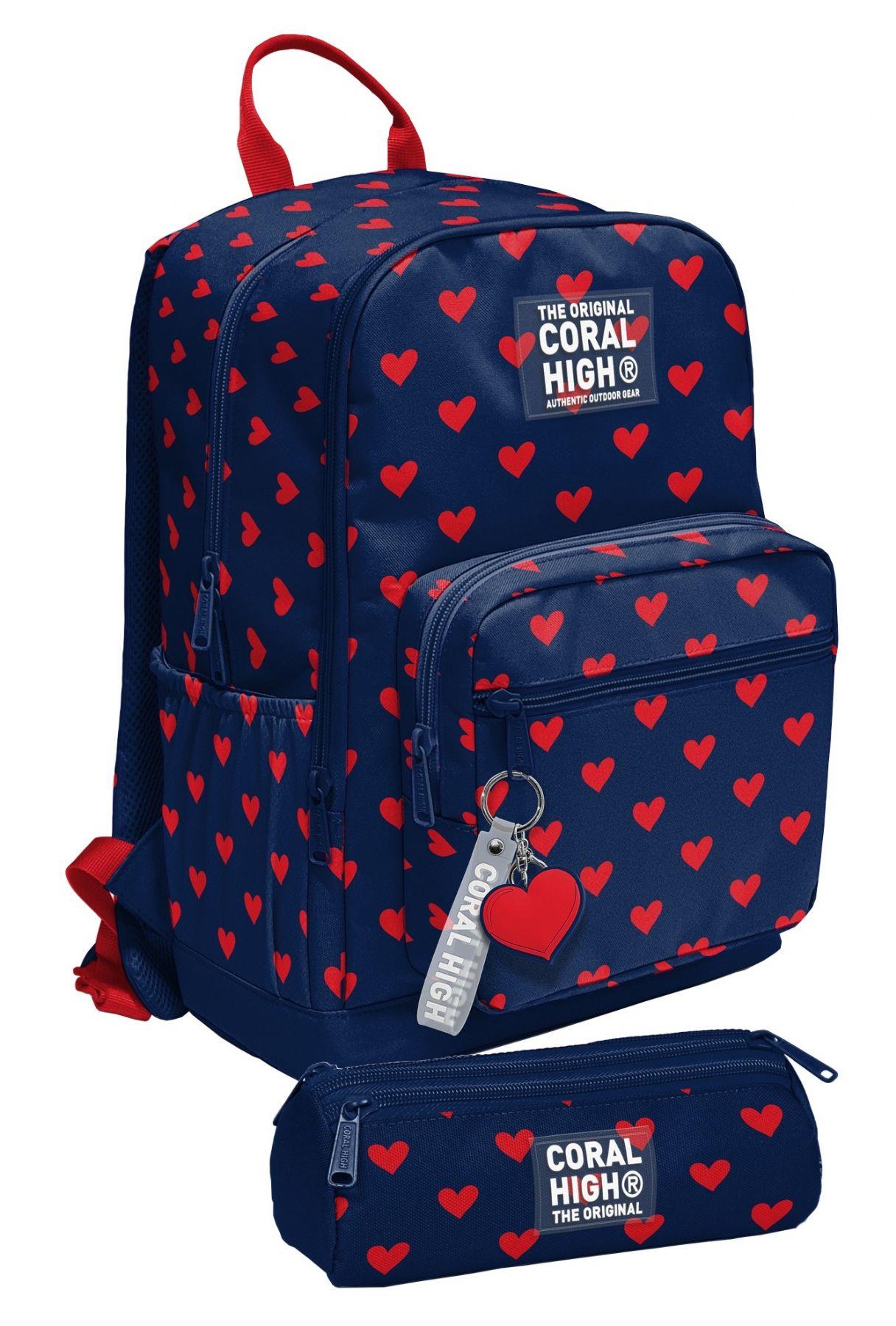 Coral High Lacivert Kırmızı Kalp Desenli İlk ve Ortaokul Sırt Çantası ve Kalemlik Seti Kız - SETYGN33229C