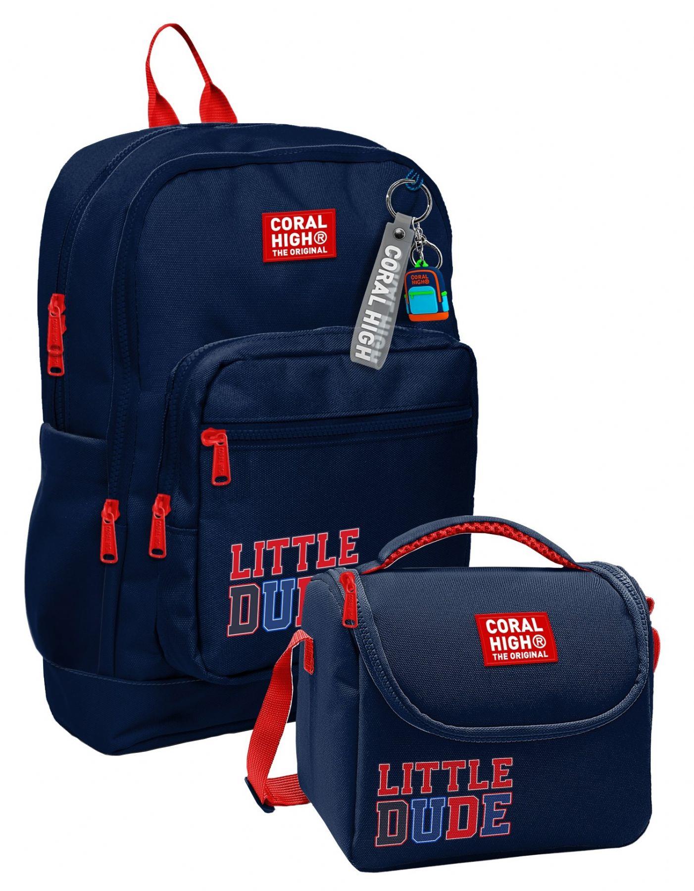 Coral High Lacivert Kırmızı Little Dude Baskılı Erkek Çocuk Sırt Çantası ve Beslenme Çantası Seti (4 Gözlü Sırt Çantası)