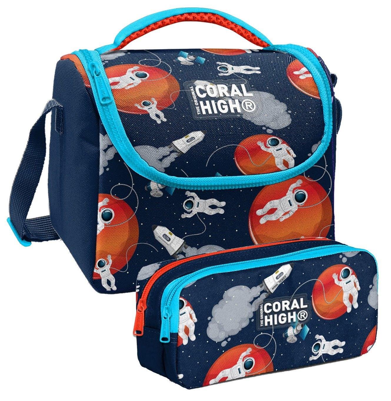 Coral High Lacivert Mavi Astronot Desenli Erkek Çocuk Isı Yalıtımlı Beslenme Çantası ve Kalemlik Seti