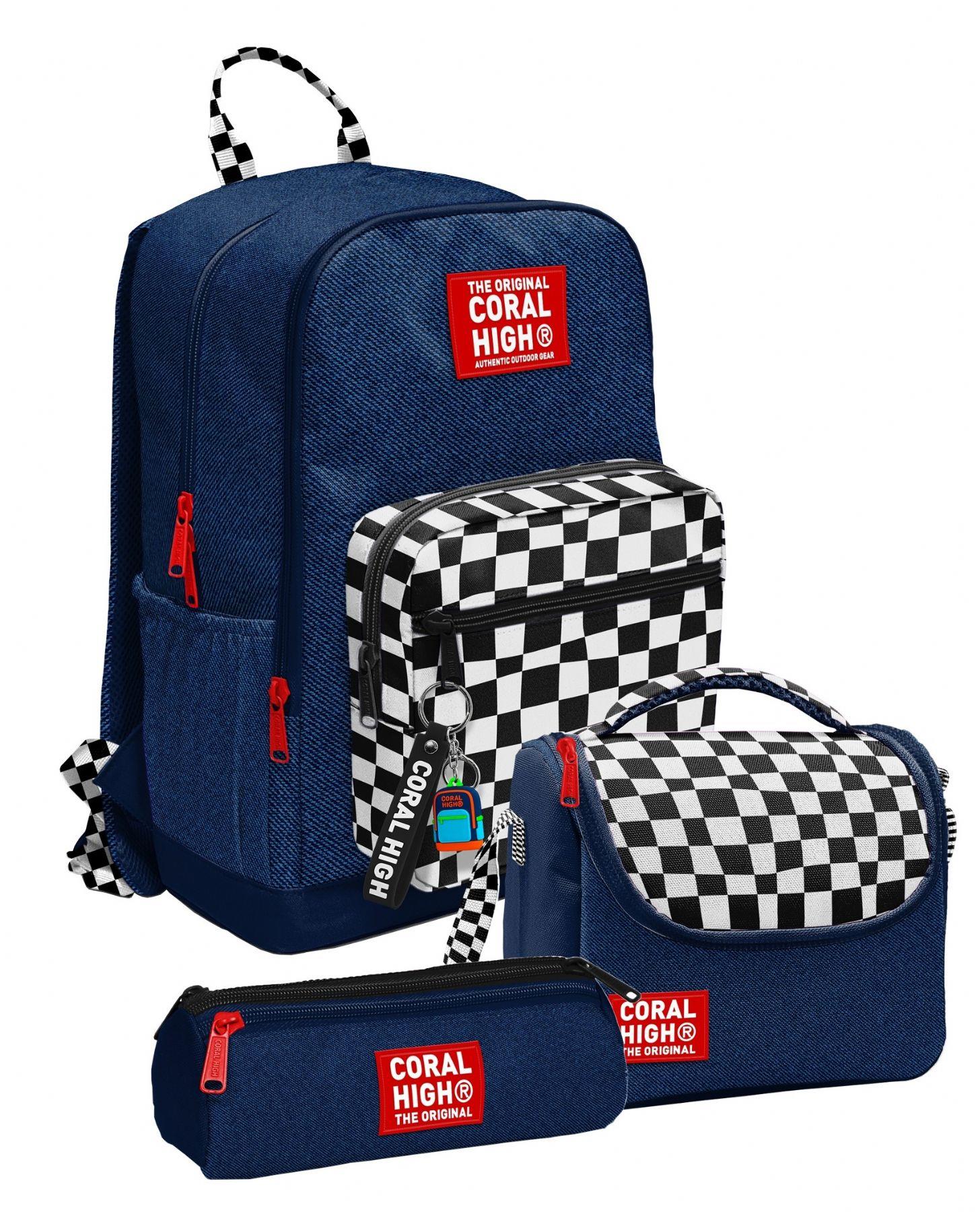 Coral High Lacivert Siyah Beyaz Dama Desenli Erkek Çocuk İlkokul ve Ortaokul Üçlü Okul Çanta Seti SETYGN33234A