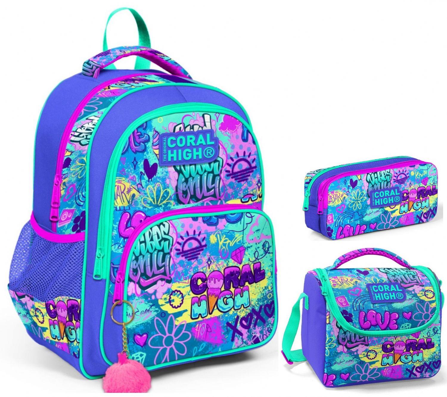 Coral High Lavanta Grafiti Kız Çocuk Üçlü İlkokul Okul Çanta Seti