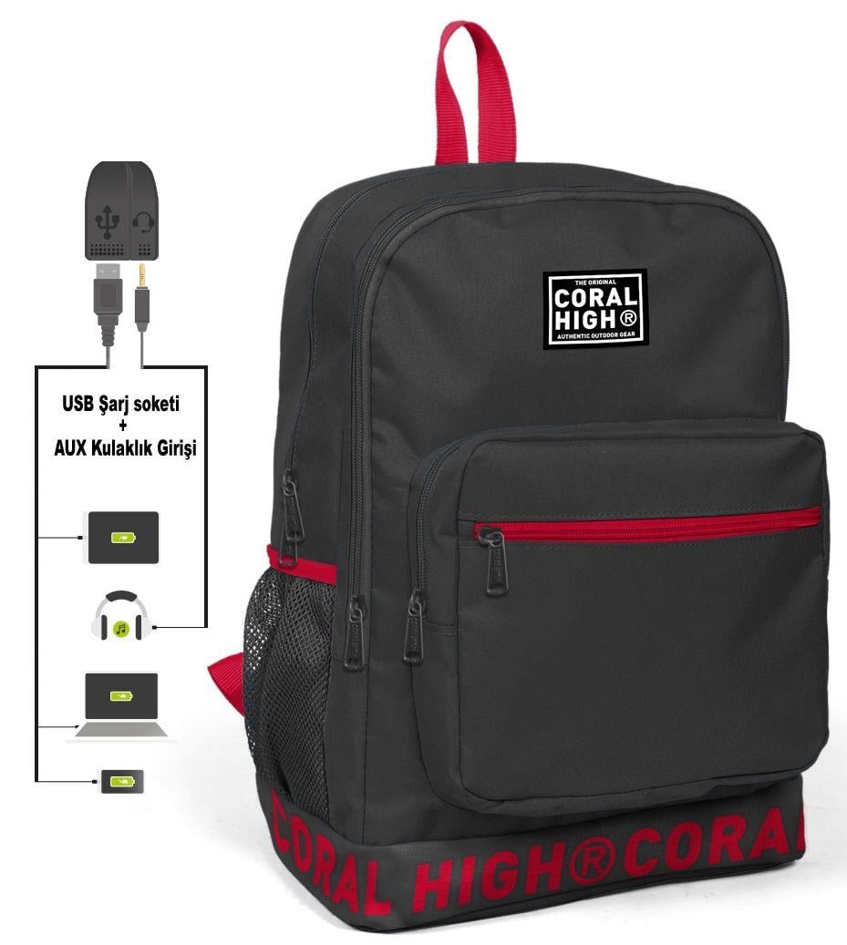 Coral High Logo Nakışlı Gri Ortaokul, Lise ve Günlük Sırt Çantası(USB VE AUX SOKETLİ)