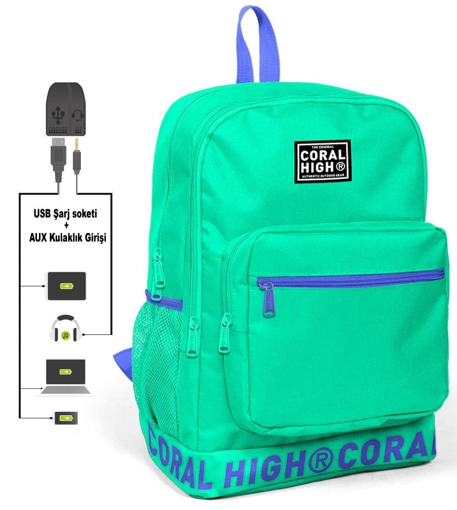 Coral High Logo Nakışlı Yeşil Ortaokul, Lise ve Günlük Sırt Çantası(USB VE AUX SOKETLİ)