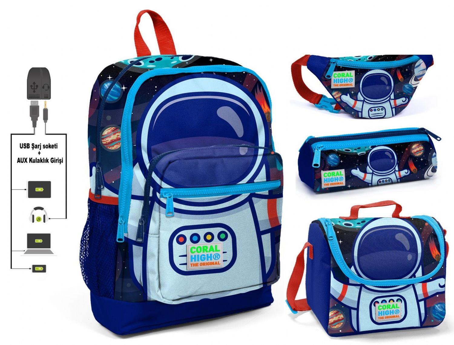 Coral High Mavi Astronot Baskılı 4'lü İlkokul Çanta Seti - USB Soketli