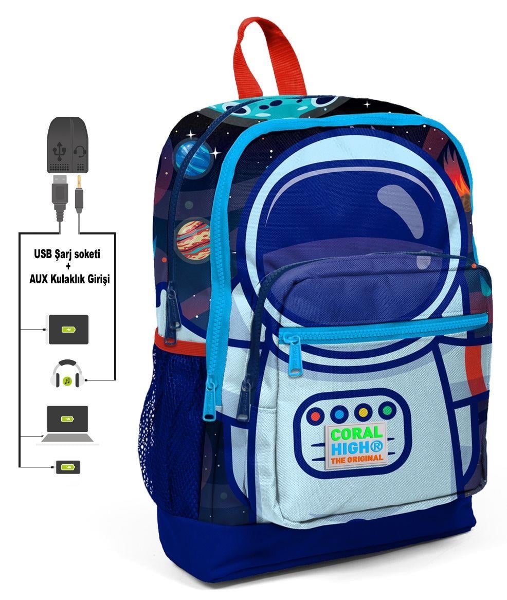 Coral High Mavi Astronot Baskılı Okul Çantası ve Beslenme Çantası Seti - USB Soketli - Erkek Çocuk