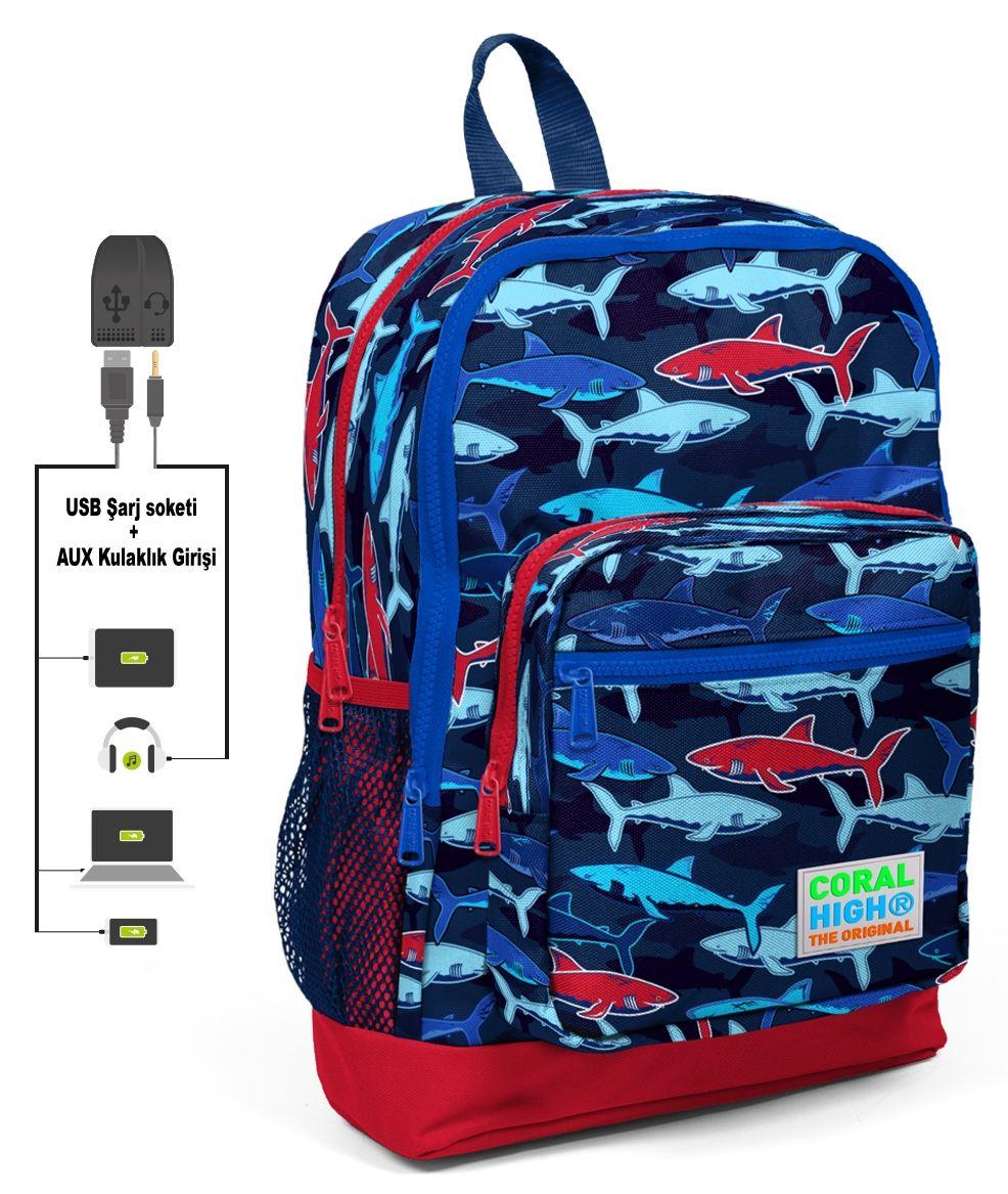 Coral High Mavi Köpekbalığı Baskılı Okul Çantası ve Beslenme Çantası Seti - Erkek- USB Soketli