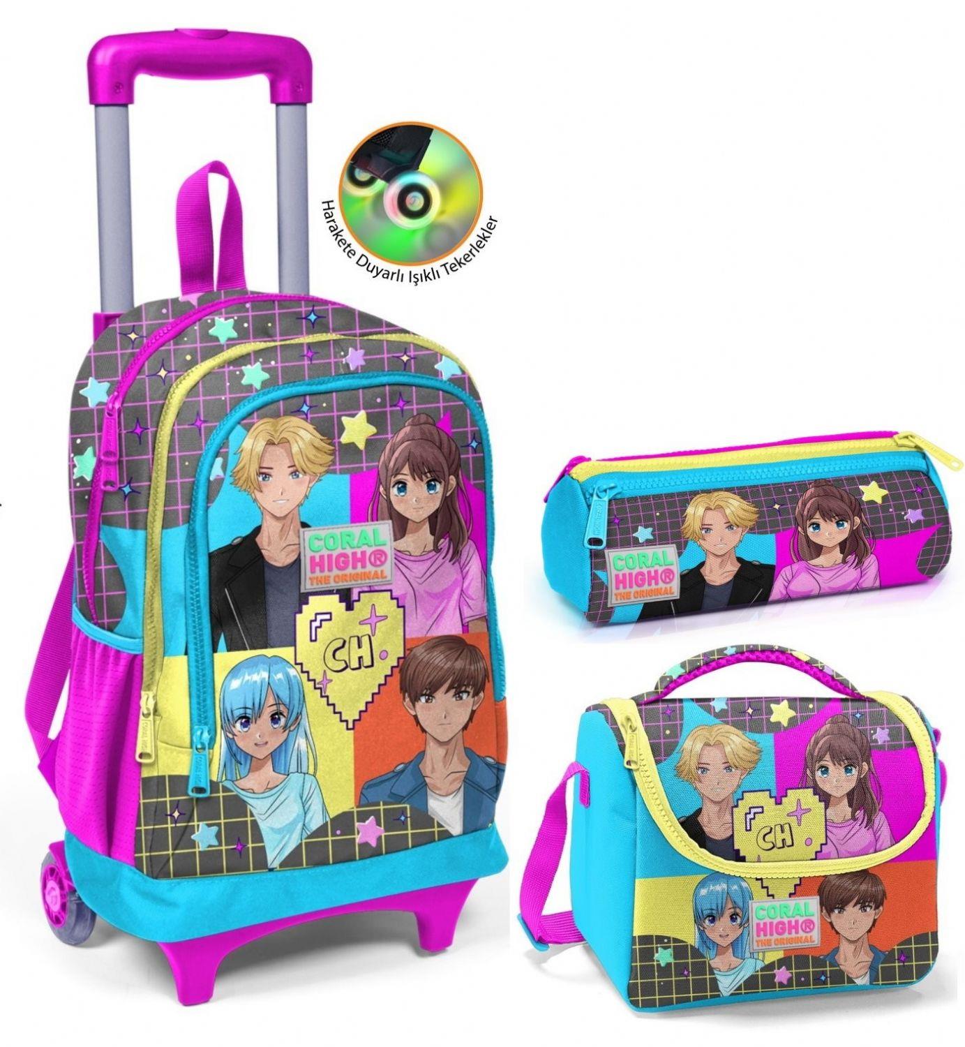 Coral High Mavi Pembe Anime Çekçek Okul Çantası Seti - Işıklı Tekerlekler - Kız